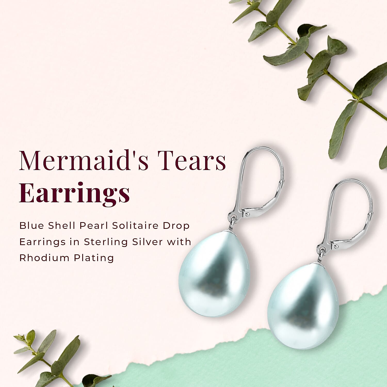 Blue Shell Pearl Drop Lever Back Earrings With Lever Back in Rhodium Overlay Sterling Silver 27.0 Ct