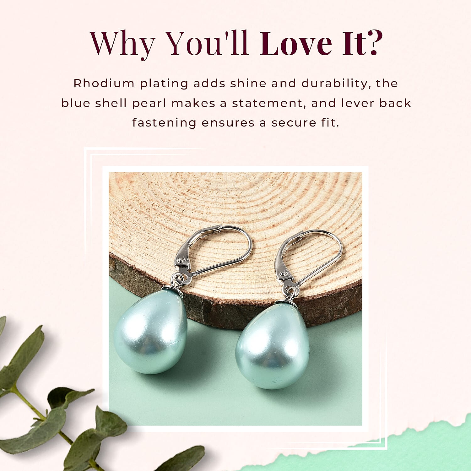 Blue Shell Pearl Drop Lever Back Earrings With Lever Back in Rhodium Overlay Sterling Silver 27.0 Ct