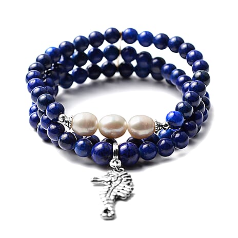 Lapis Lazuli and White Freshwater Pearl Stretchable Bracelet (Size 7) 145.00 Ct.