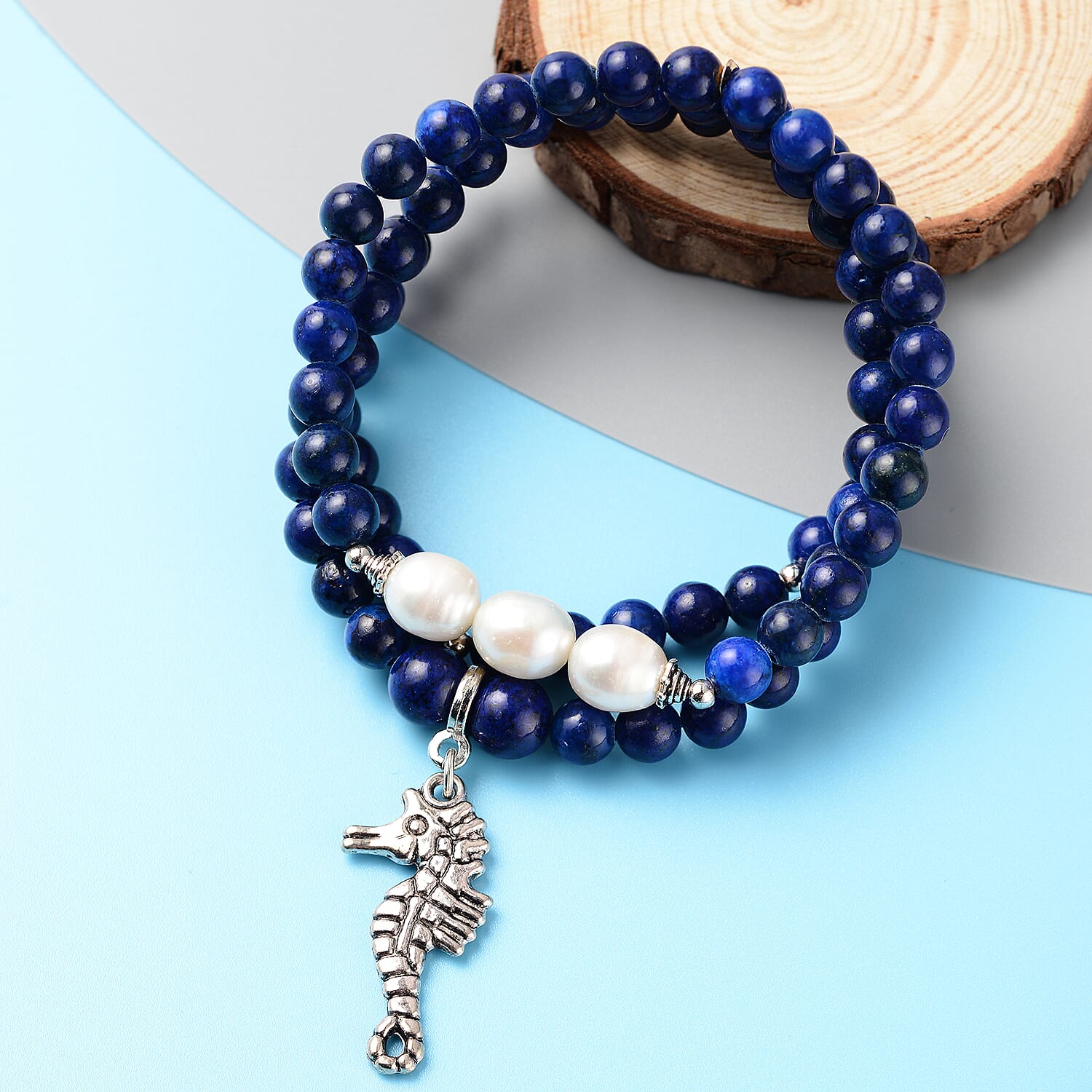 Lapis Lazuli and White Freshwater Pearl Stretchable Bracelet (Size 7) 145.00 Ct.