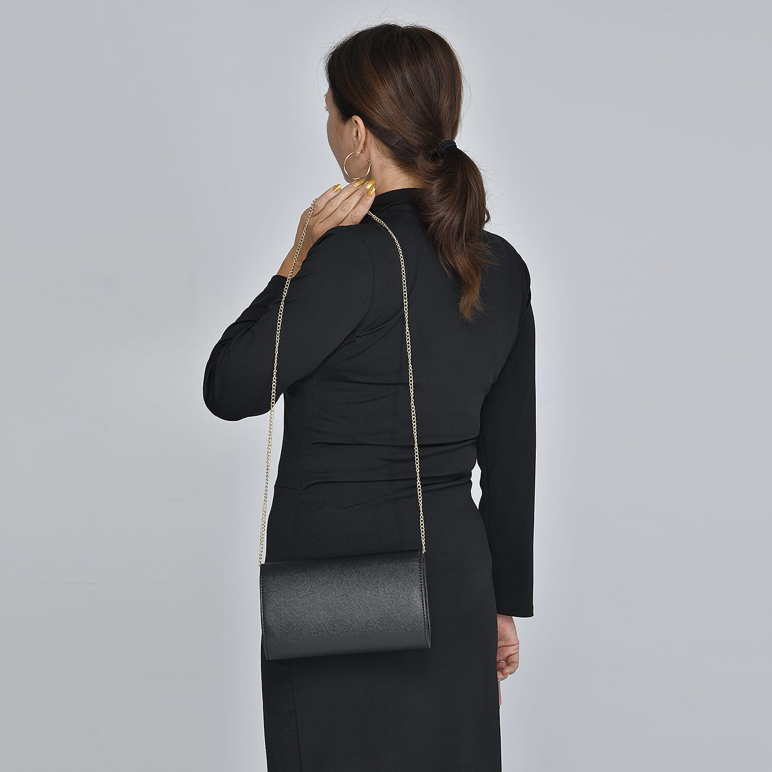 Faux Leather Clutch Bag long chain strap color - Black