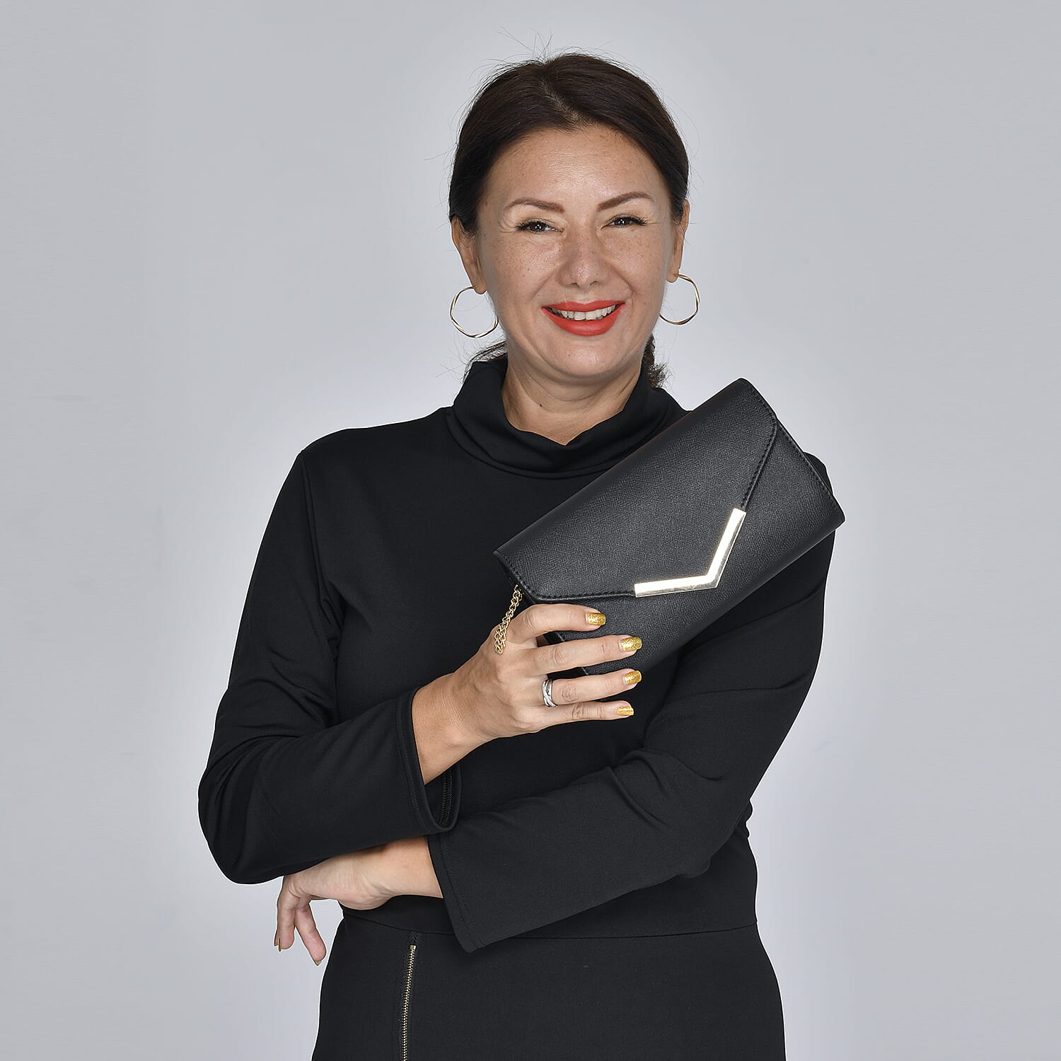 Faux Leather Clutch Bag long chain strap color - Black