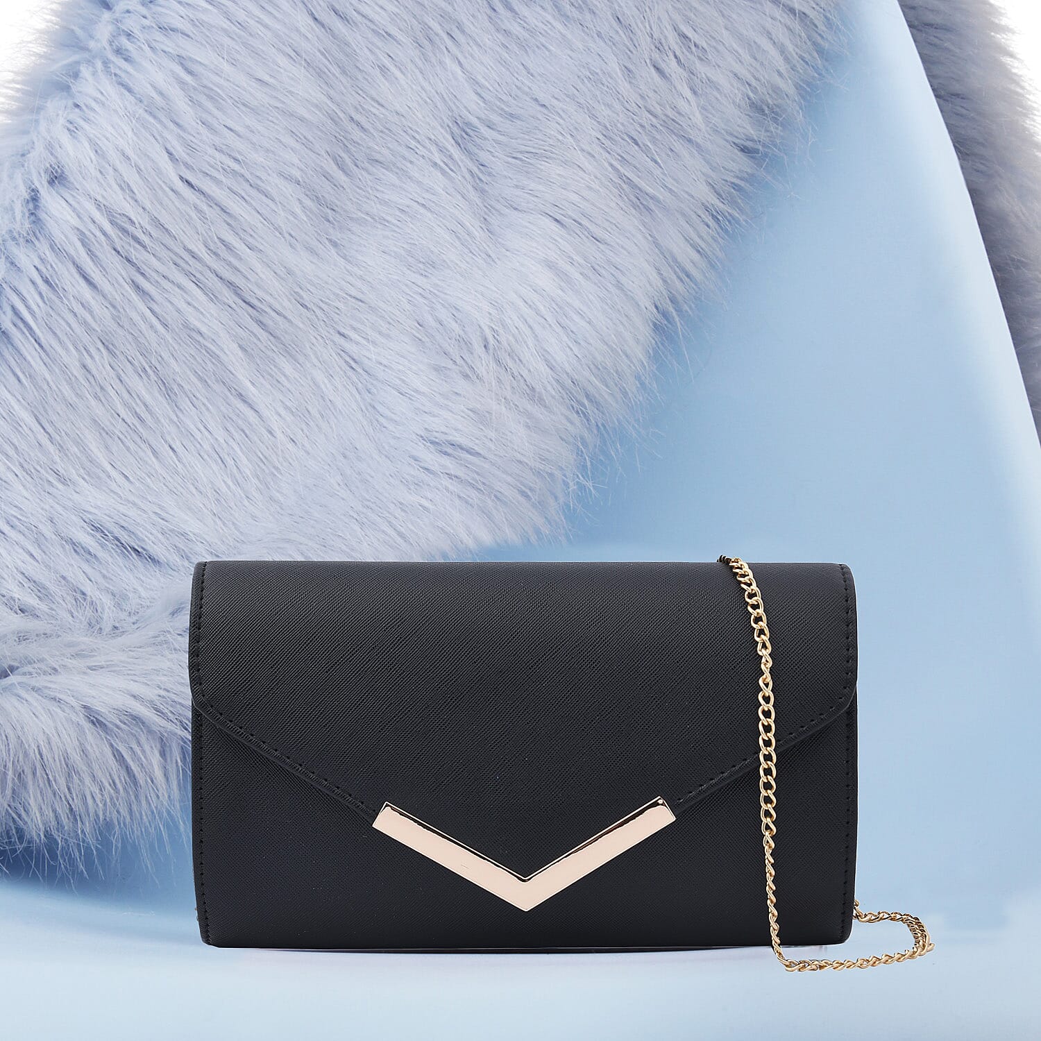 Faux Leather Clutch Bag long chain strap color - Black