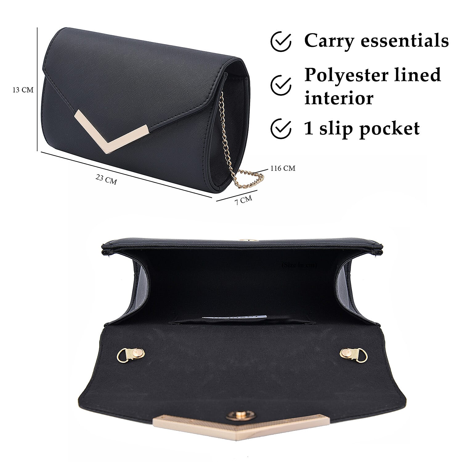 Faux Leather Clutch Bag long chain strap color - Black