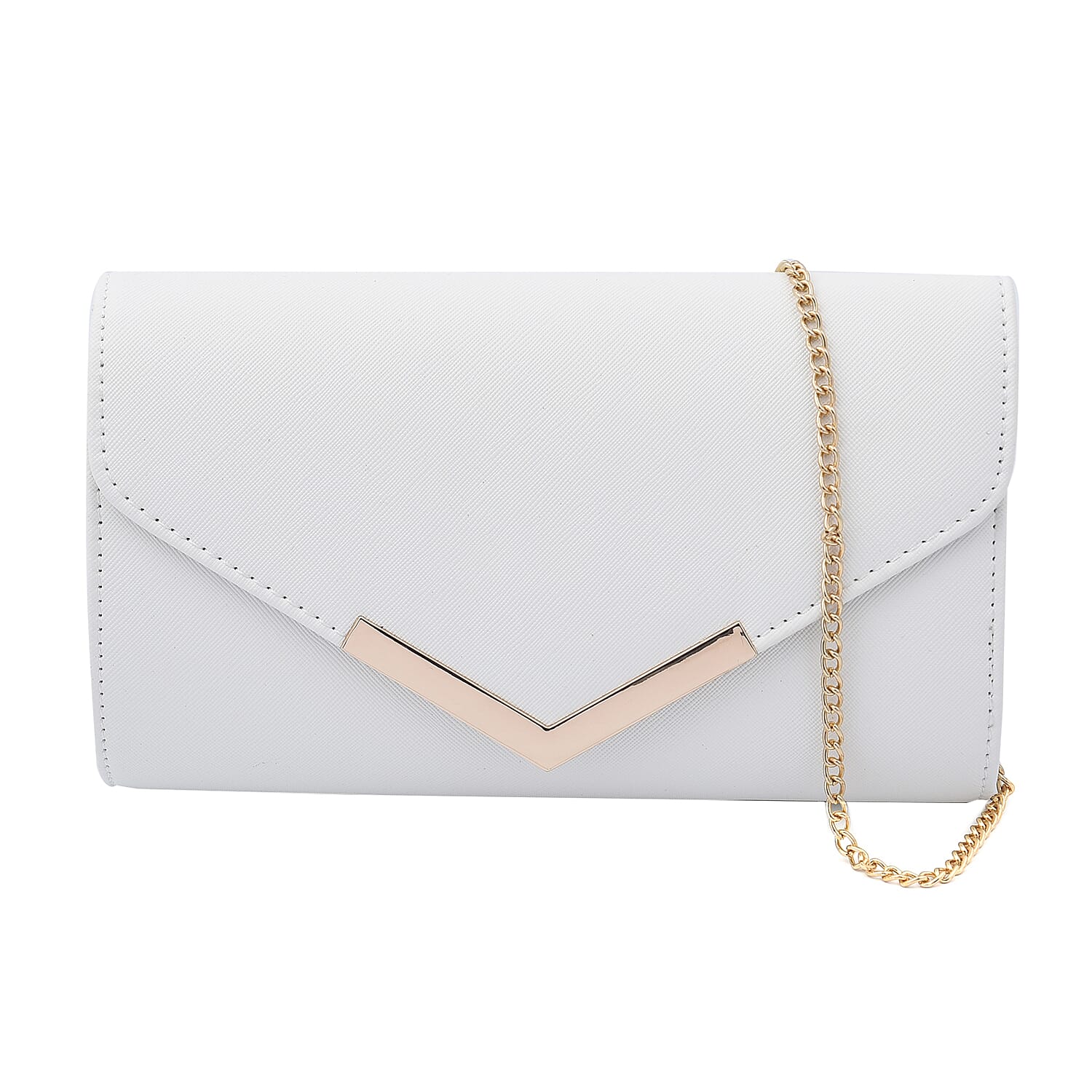 Faux Leather Clutch Bag with Long Chain Strap (Size 23x13x7Cm) - White