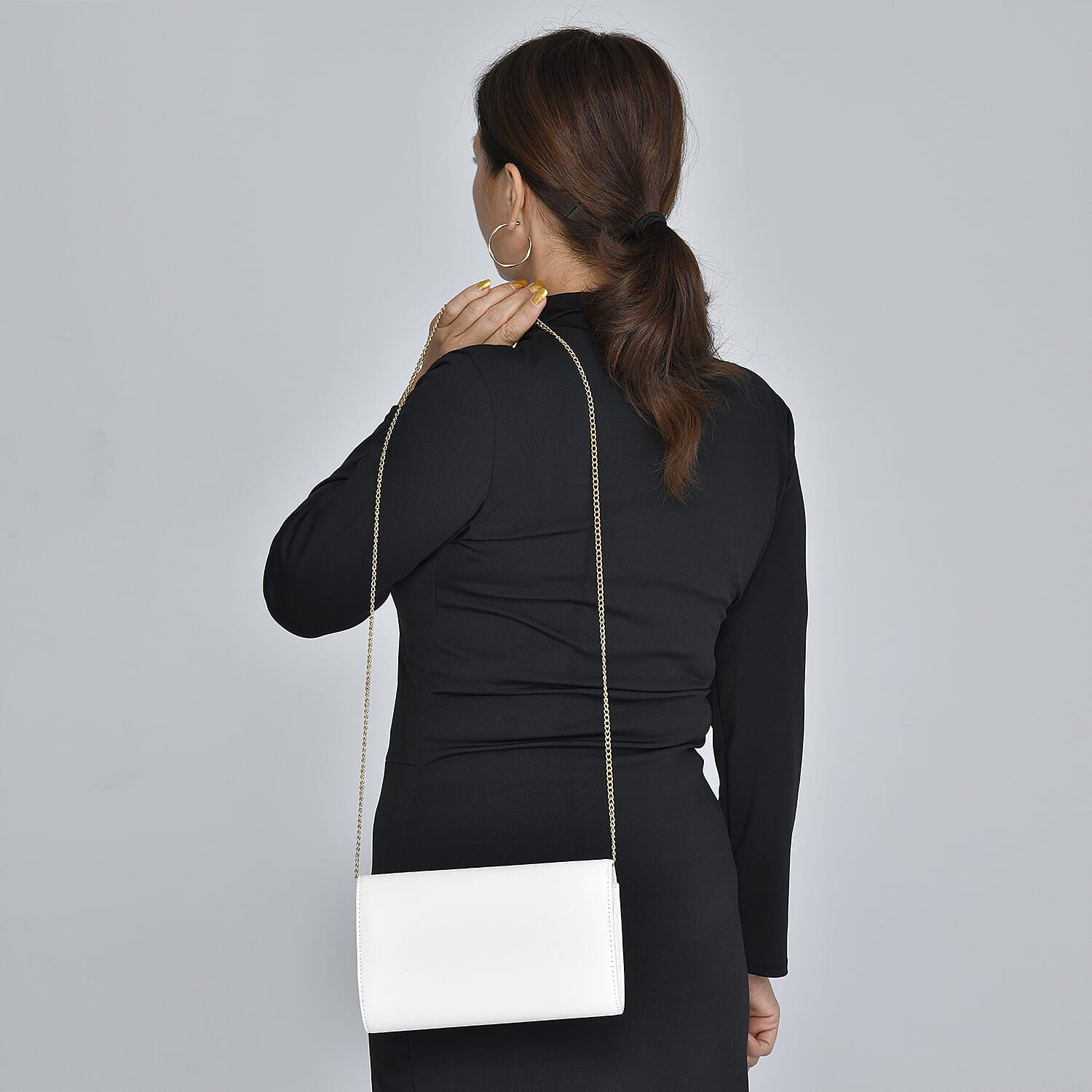 Faux Leather Clutch Bag with Long Chain Strap (Size 23x13x7Cm) - White