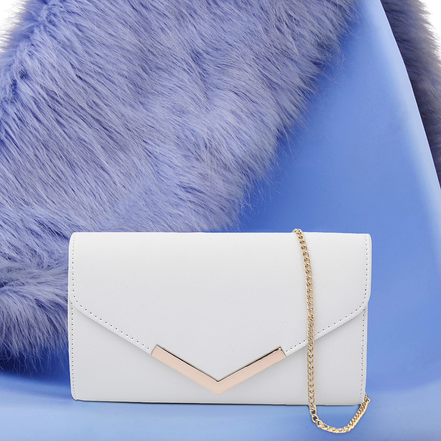 Faux Leather Clutch Bag with Long Chain Strap (Size 23x13x7Cm) - White