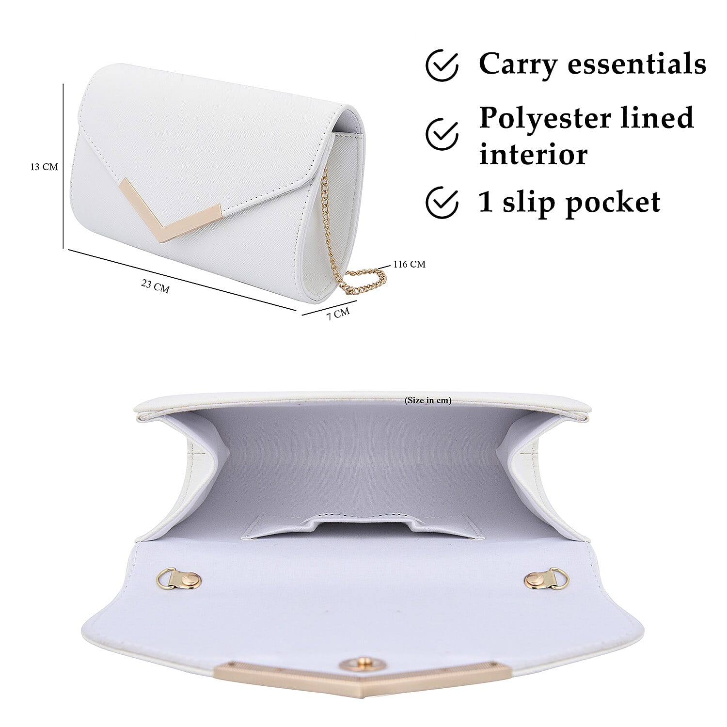 Faux Leather Clutch Bag with Long Chain Strap (Size 23x13x7Cm) - White