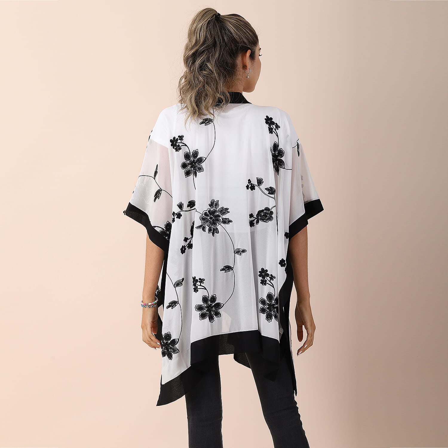 JOVIE Chiffon Floral Embroidery kimono - White and Black