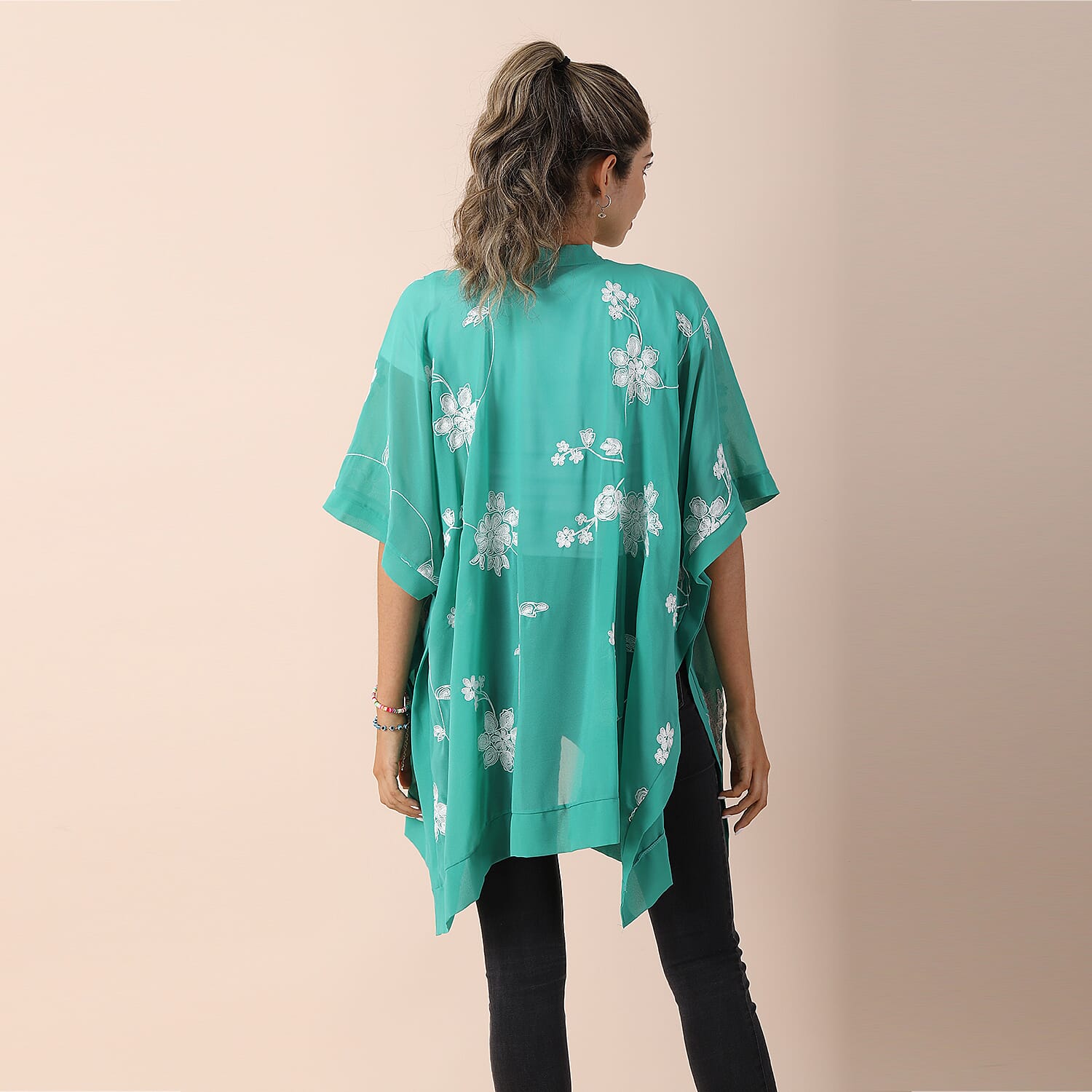 JOVIE Chiffon Floral Embroidery Kimono - Green & White