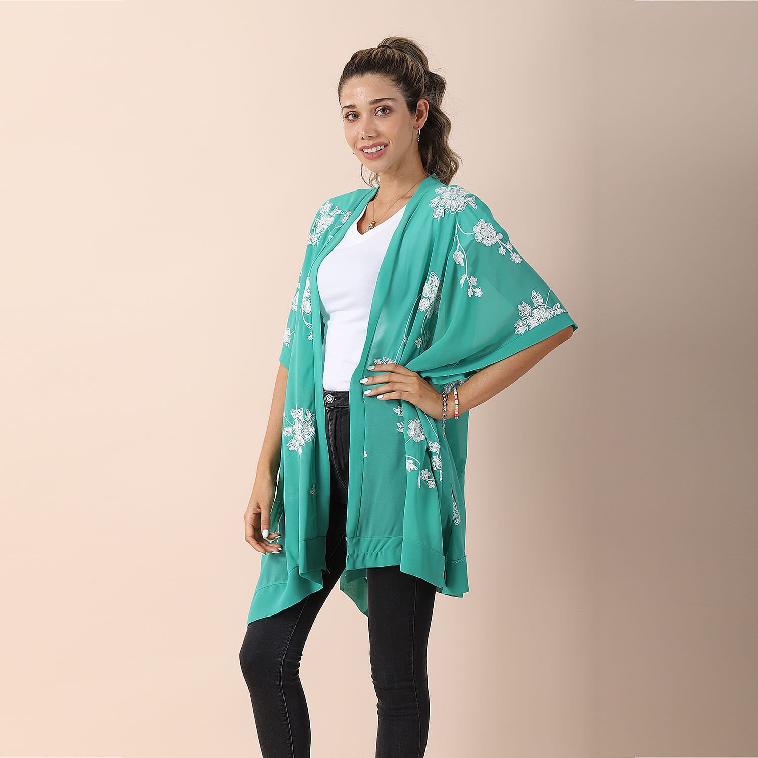 JOVIE Chiffon Floral Embroidery Kimono - Green & White