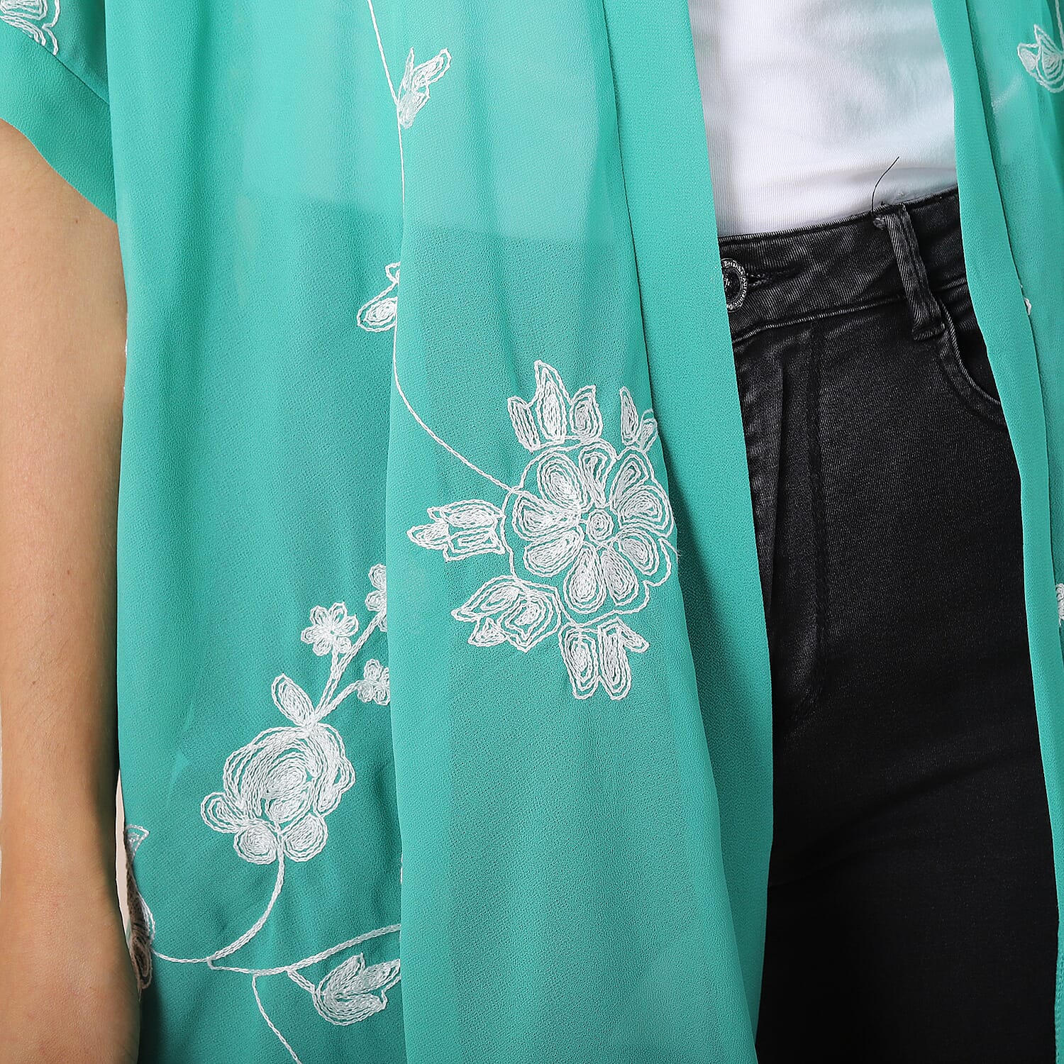JOVIE Chiffon Floral Embroidery Kimono - Green & White