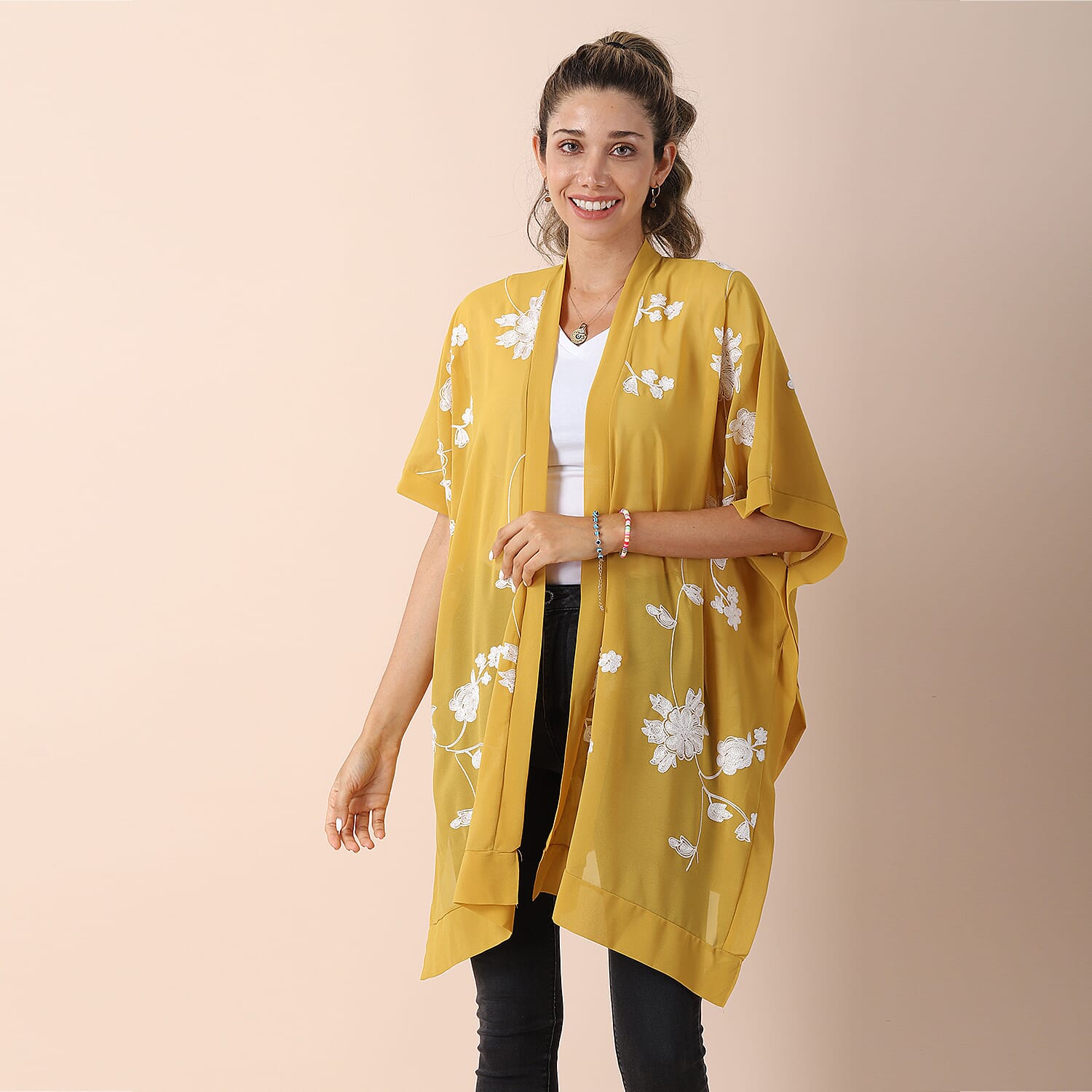 JOVIE Chiffon Floral Embroidery Kimono - Yellow & White
