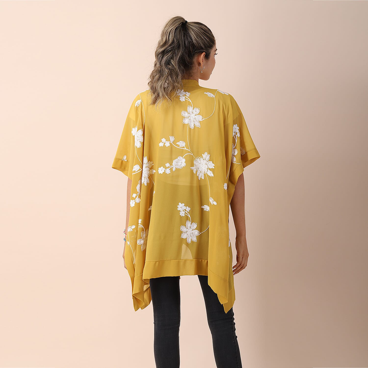 JOVIE Chiffon Floral Embroidery Kimono - Yellow & White
