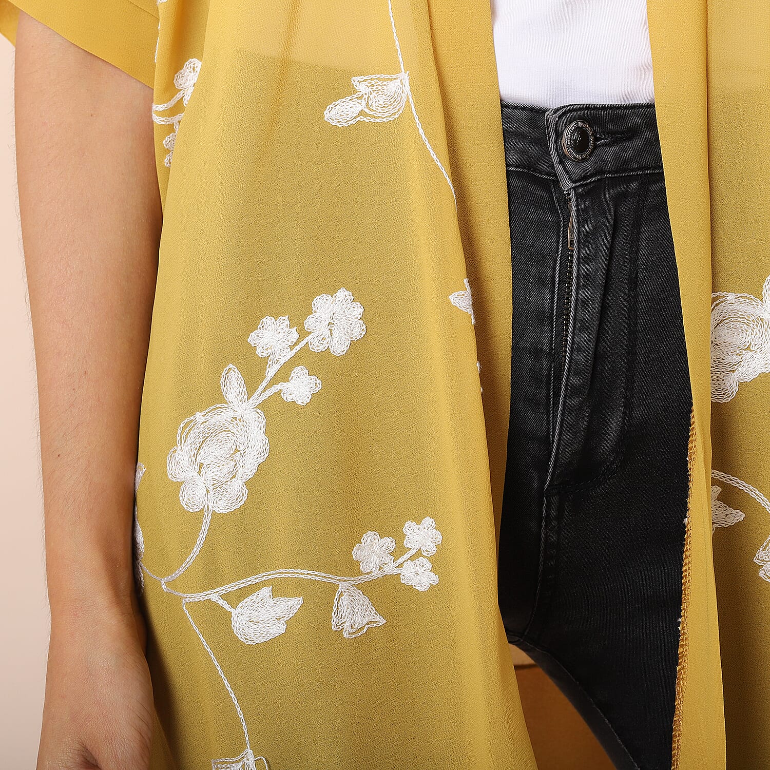JOVIE Chiffon Floral Embroidery Kimono - Yellow & White
