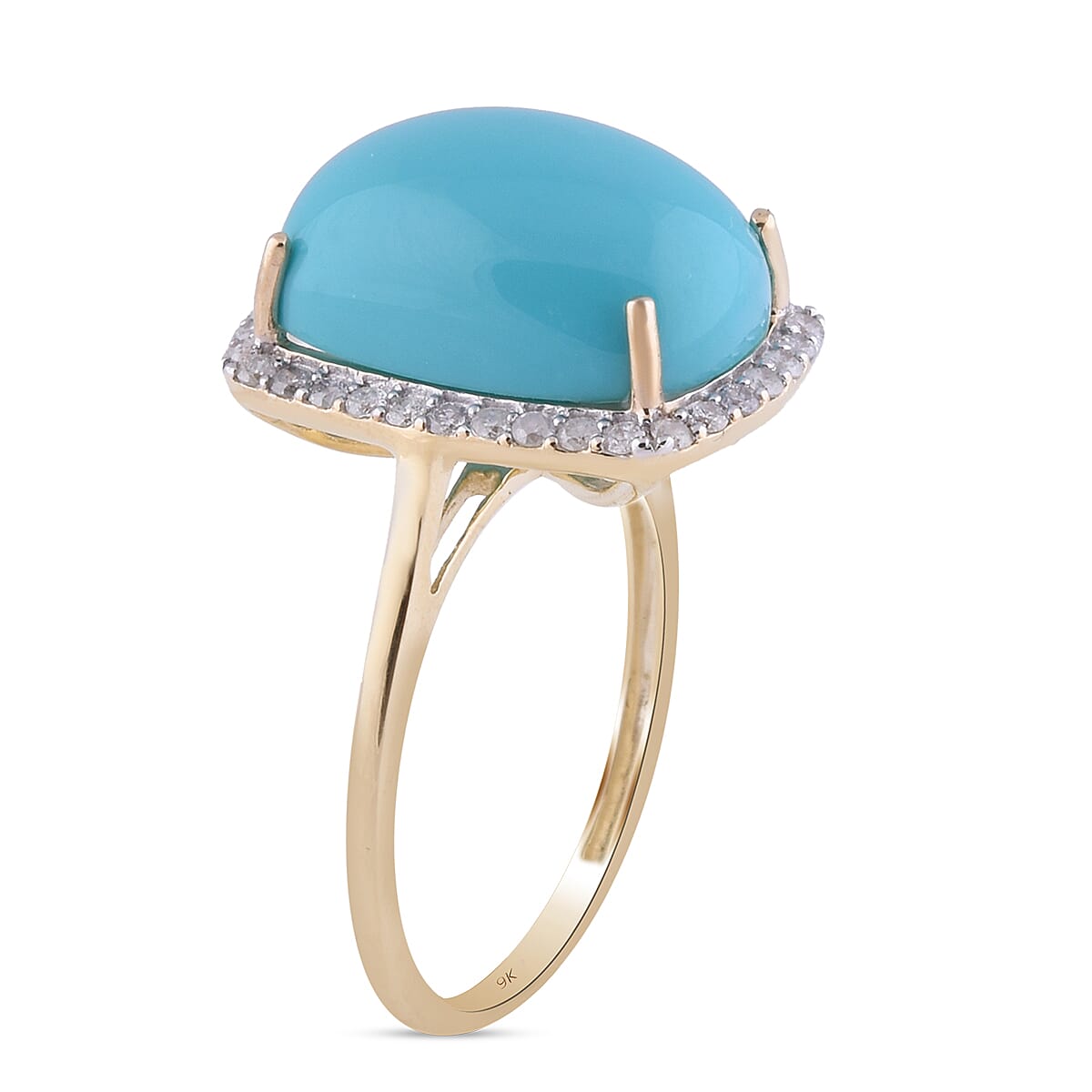 9K Yellow Gold Arizona Sleeping Beauty Turquoise (Very Rare Size 14x10) and Diamond Ring 6.44 Ct.