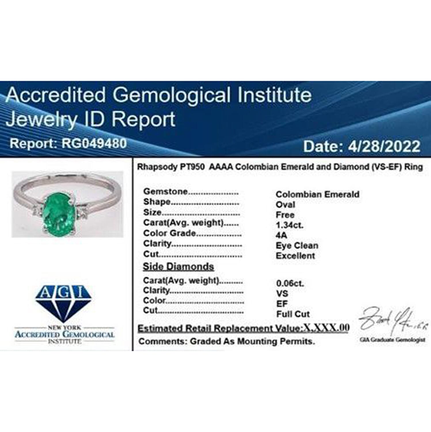 Certified and Appraised RHAPSODY 950 Platinum AAAA Colombian Emerald and Diamond VS EF Solitaire Ring Platinum 4.39 grams, 1.40 Ct