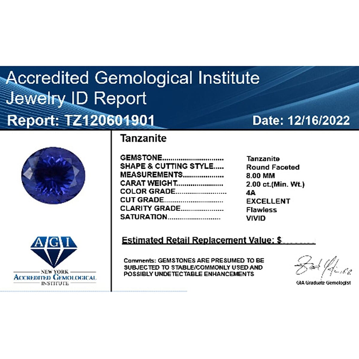 Appraised AAAA AGI Certified Tanzanite Round Shape Gemstone 2.00 Ct.