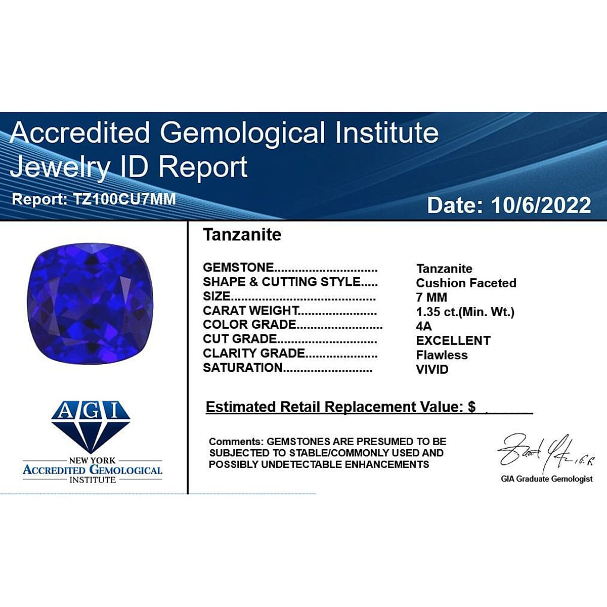 Tanzanite Cushion 7x7 mm