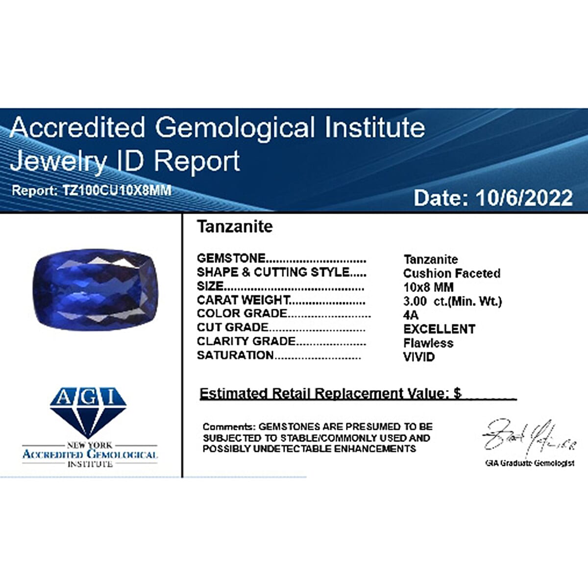 Tanzanite Cushion 10x8 mm Tanzanite Cushion 10x8 mm