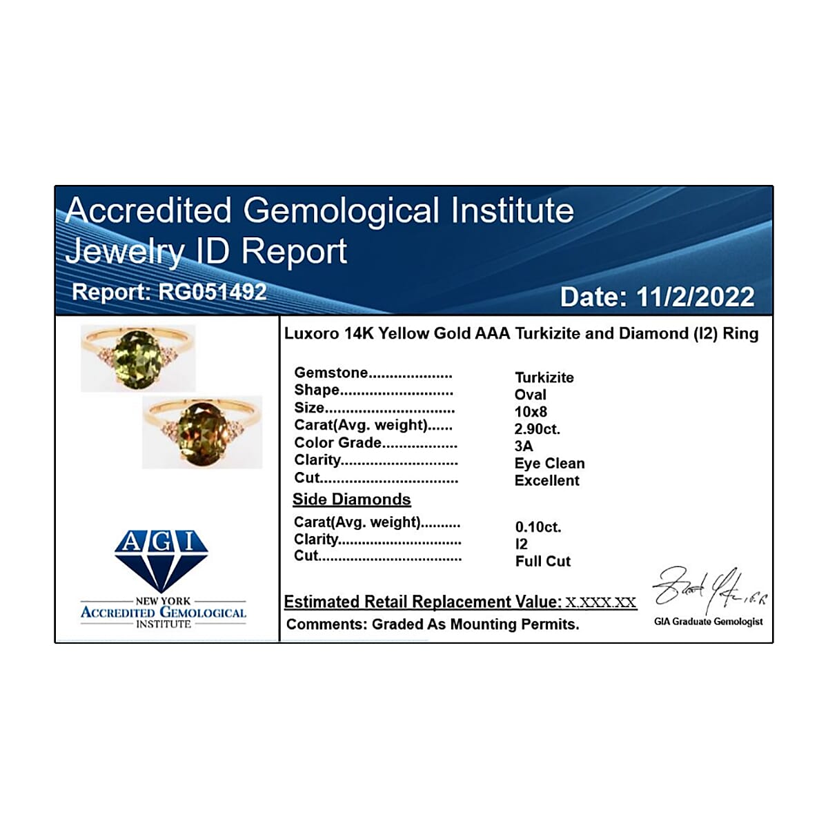 Certified and Appraised 14K Yellow Gold AAA Turkizite and Diamond I2 Classic Solitaire Ring 3.00 Ct, Gold Wt 2.35 GM