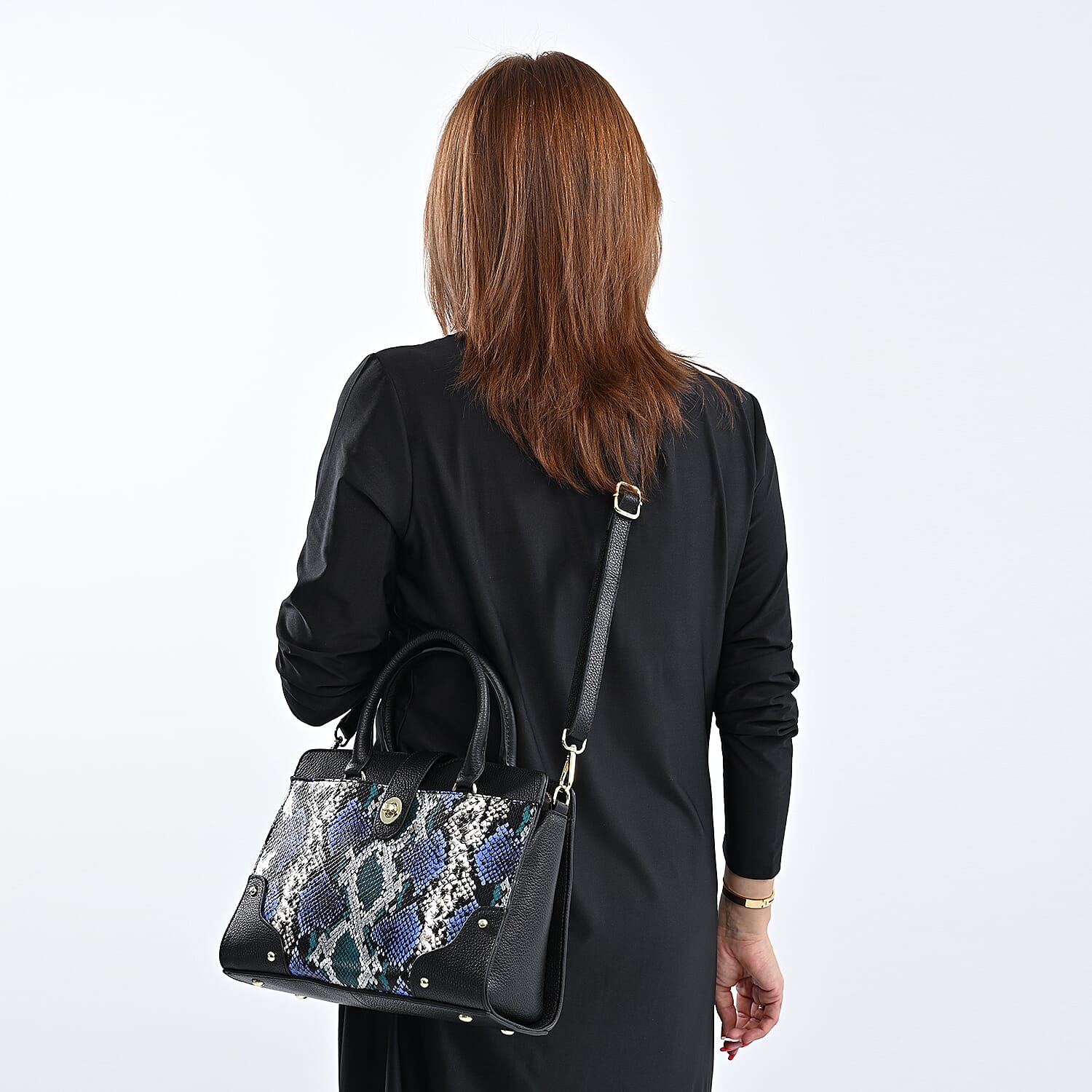 SENCILLEZ Genuine Leather Snake Print Convertible Bag with Long Strap - Black, Blue & Green