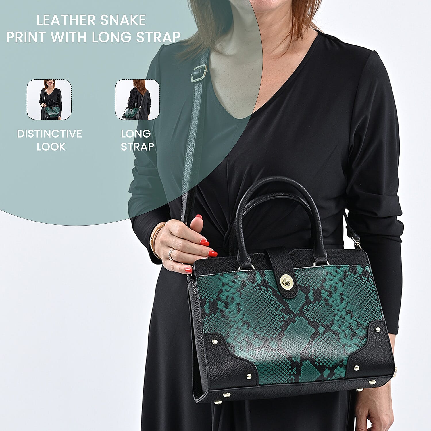 SENCILLEZ Genuine Leather Snake Print Convertible Bag with Long Strap (Size-31x12x21cm) - Black & Green