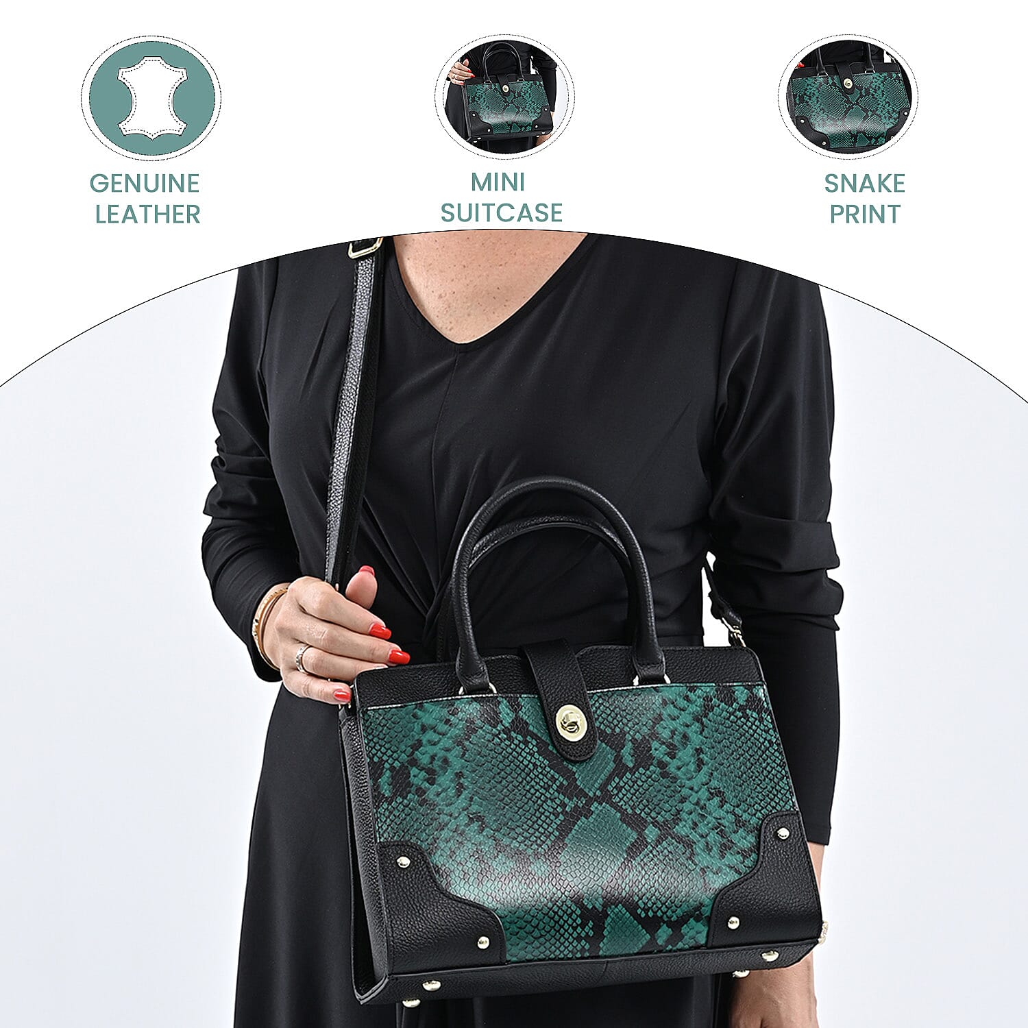 SENCILLEZ Genuine Leather Snake Print Convertible Bag with Long Strap (Size-31x12x21cm) - Black & Green