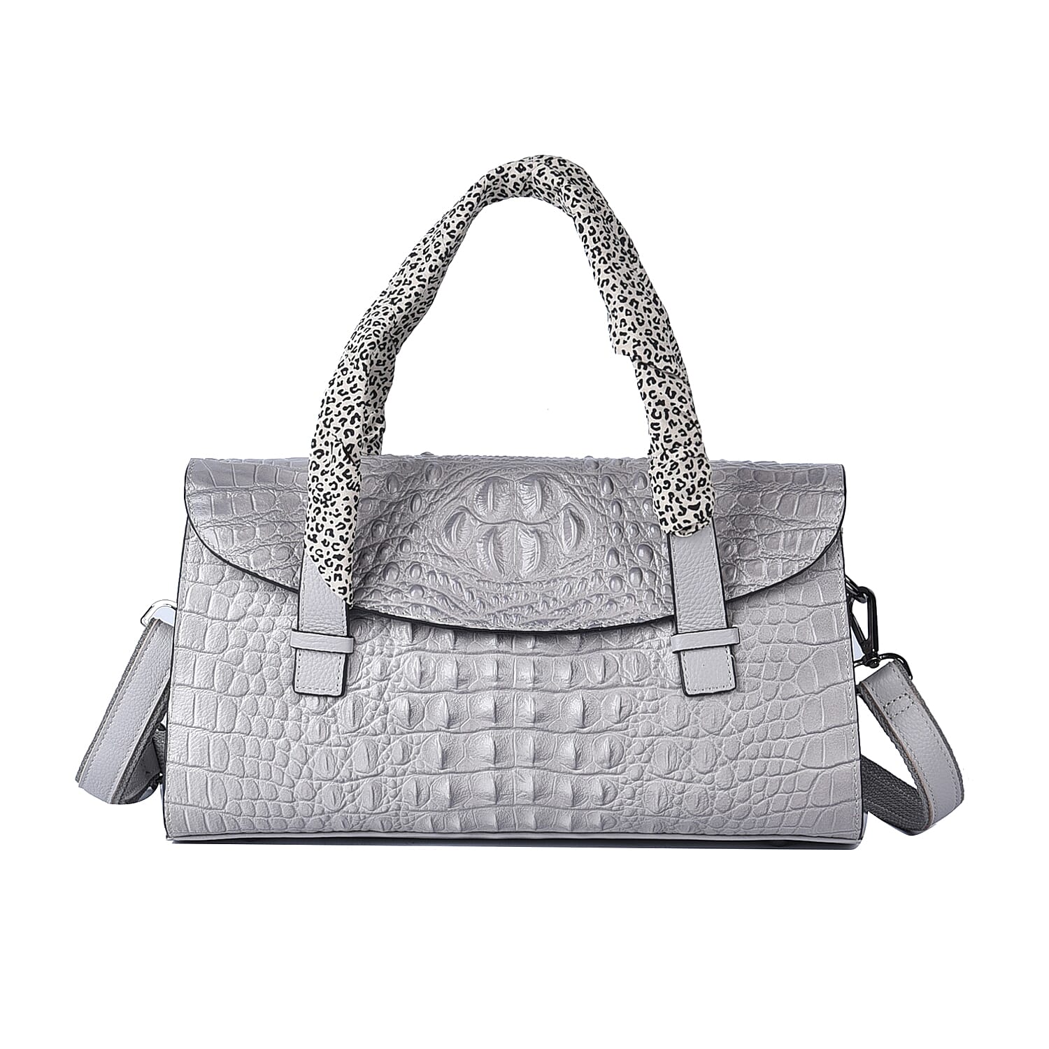 SENCILLEZ 100% Genuine Leather Croc Embossed Pattern Convertible Bag with Shoulder Strap - Light Grey