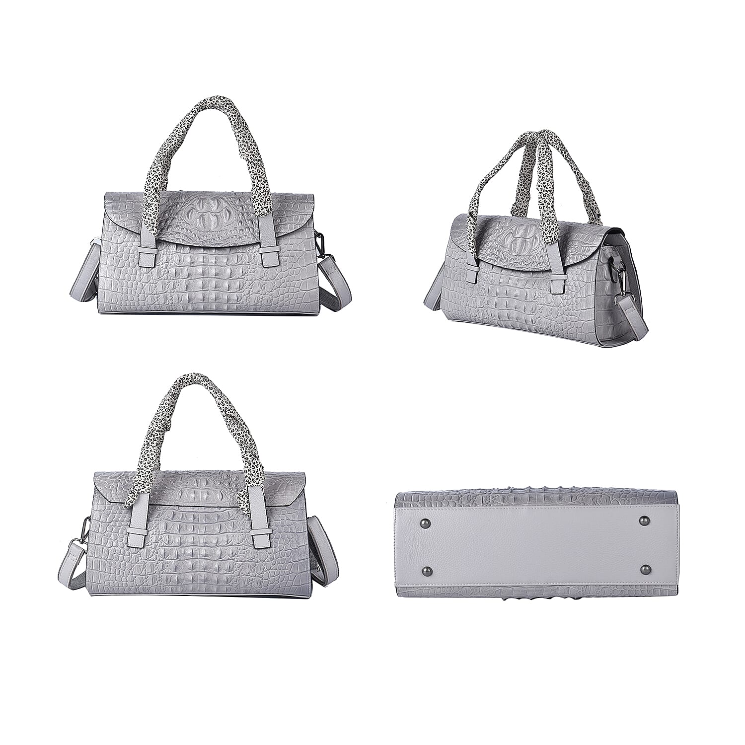 SENCILLEZ 100% Genuine Leather Croc Embossed Pattern Convertible Bag with Shoulder Strap - Light Grey