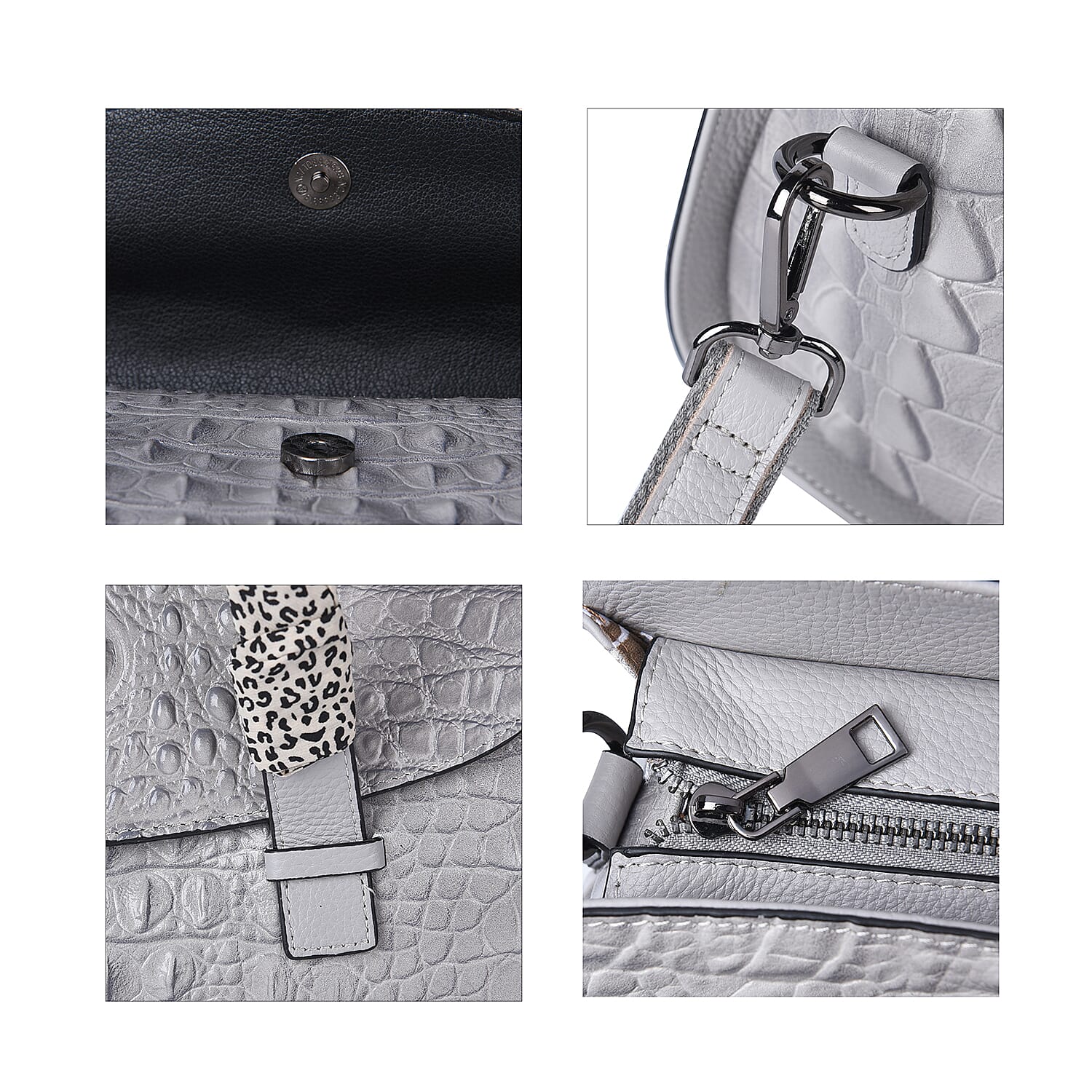 SENCILLEZ 100% Genuine Leather Croc Embossed Pattern Convertible Bag with Shoulder Strap - Light Grey