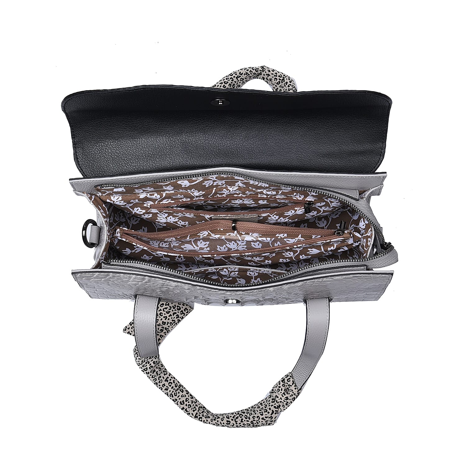 SENCILLEZ 100% Genuine Leather Croc Embossed Pattern Convertible Bag with Shoulder Strap - Light Grey