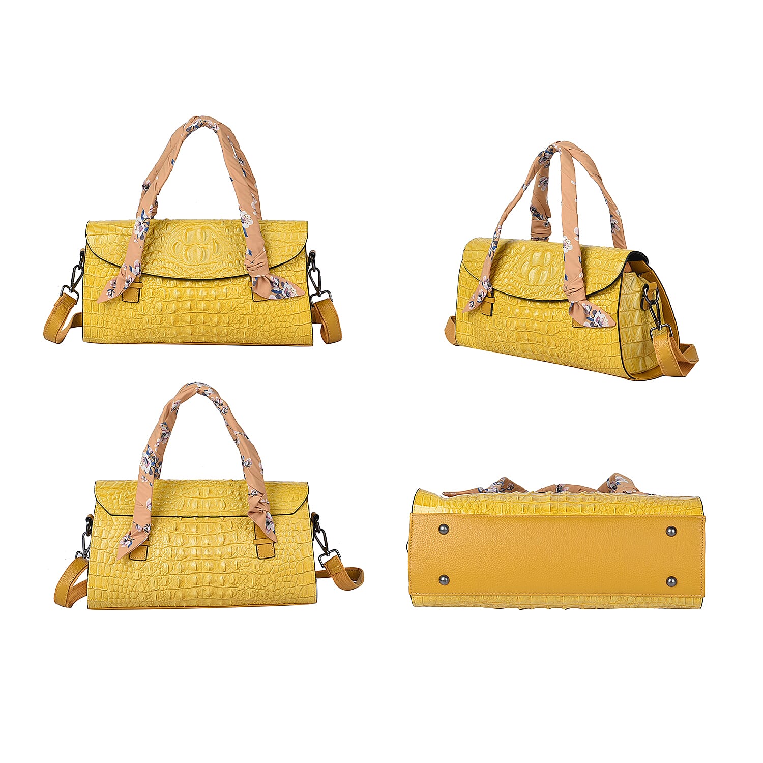 SENCILLEZ 100% Genuine Leather Croc Embossed Pattern Convertible Bag with Shoulder Strap - Mustard