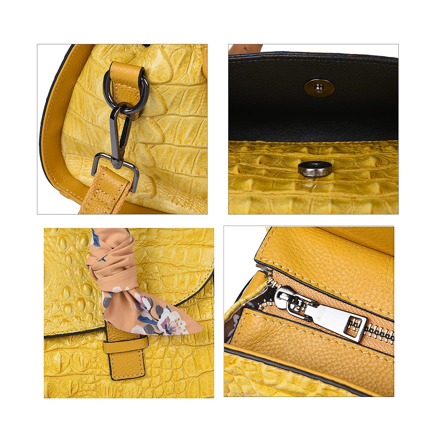 SENCILLEZ 100% Genuine Leather Croc Embossed Pattern Convertible Bag with Shoulder Strap - Mustard