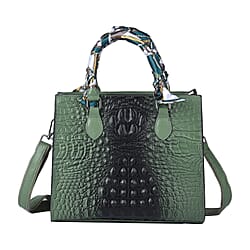 SENCILLEZ Genuine Leather Croc Embossed Pattern Convertible Bag with Handle Scarf and Shoulder Strap - Green