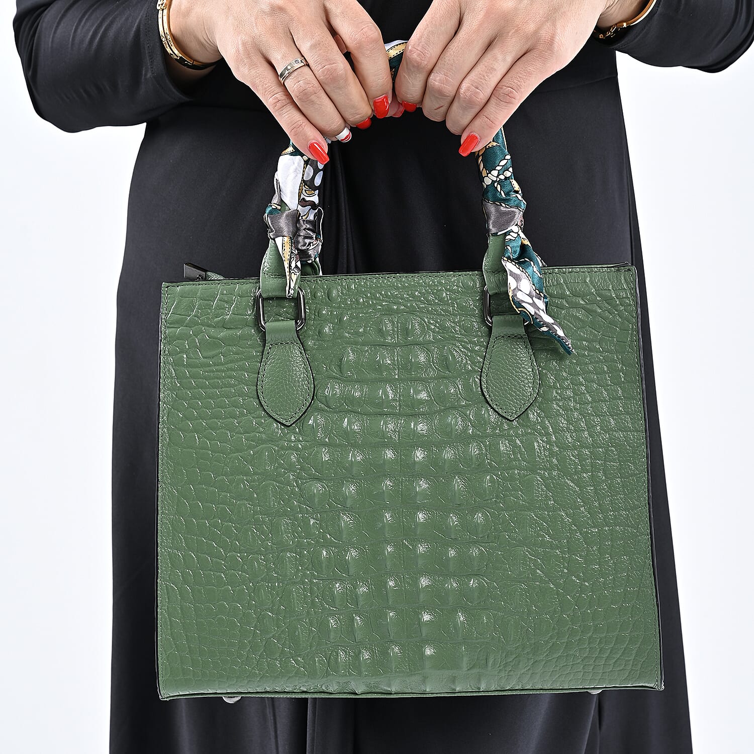SENCILLEZ Genuine Leather Croc Embossed Pattern Convertible Bag with Handle Scarf and Shoulder Strap - Green
