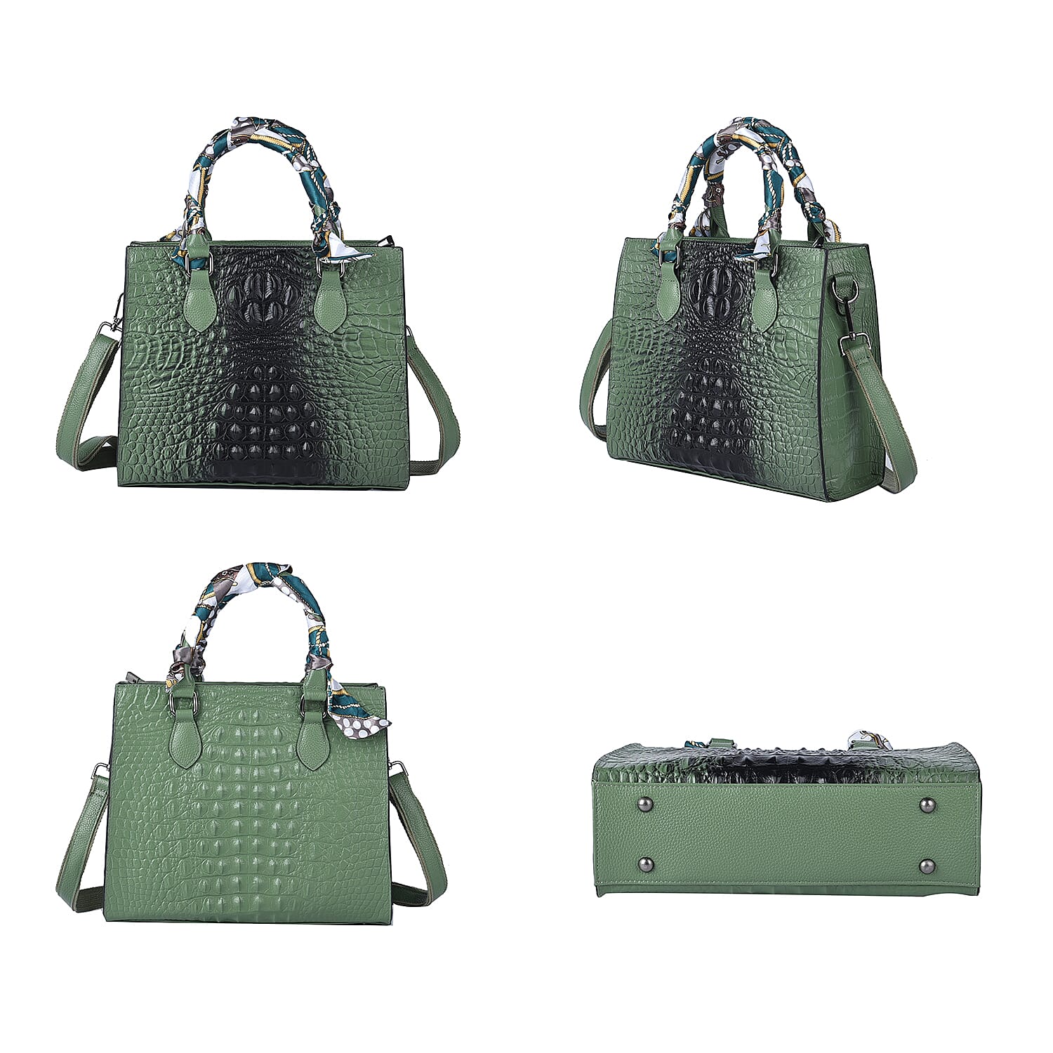 SENCILLEZ Genuine Leather Croc Embossed Pattern Convertible Bag with Handle Scarf and Shoulder Strap - Green