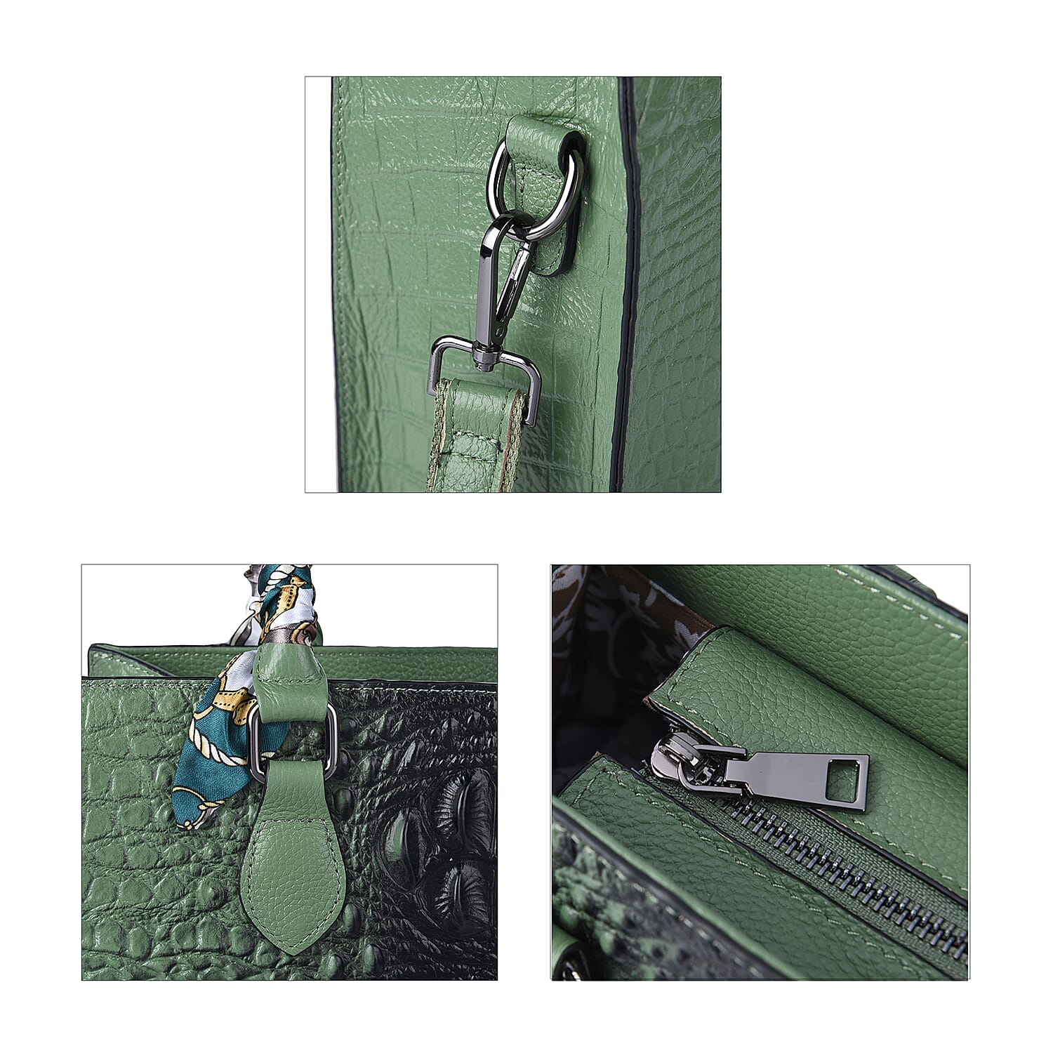 SENCILLEZ Genuine Leather Croc Embossed Pattern Convertible Bag with Handle Scarf and Shoulder Strap - Green