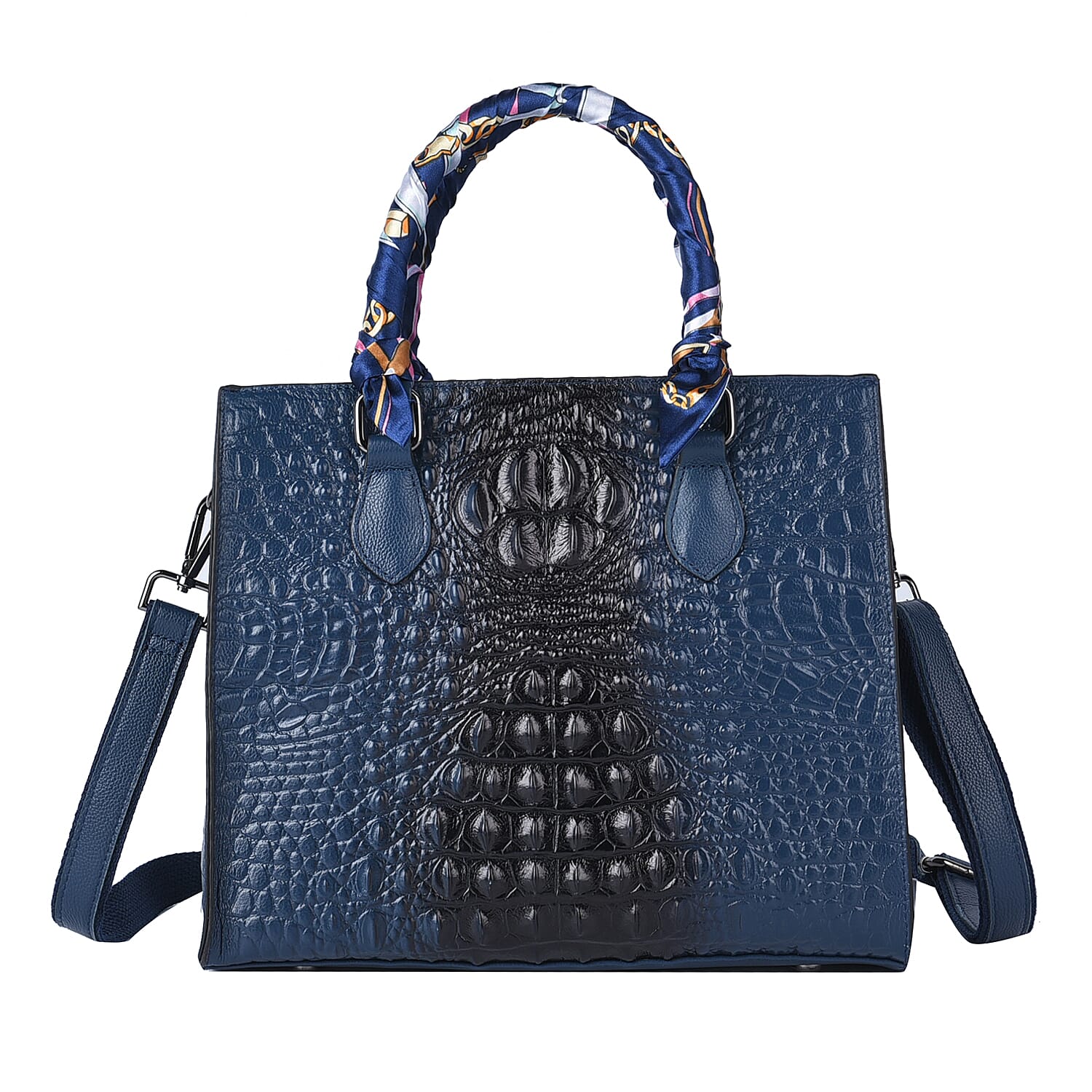 SENCILLEZ 100% Genuine Leather Croc Embossed Pattern Convertible Bag with Handle Scarf and Shoulder Strap (Size 28x10x24 Cm) - Navy