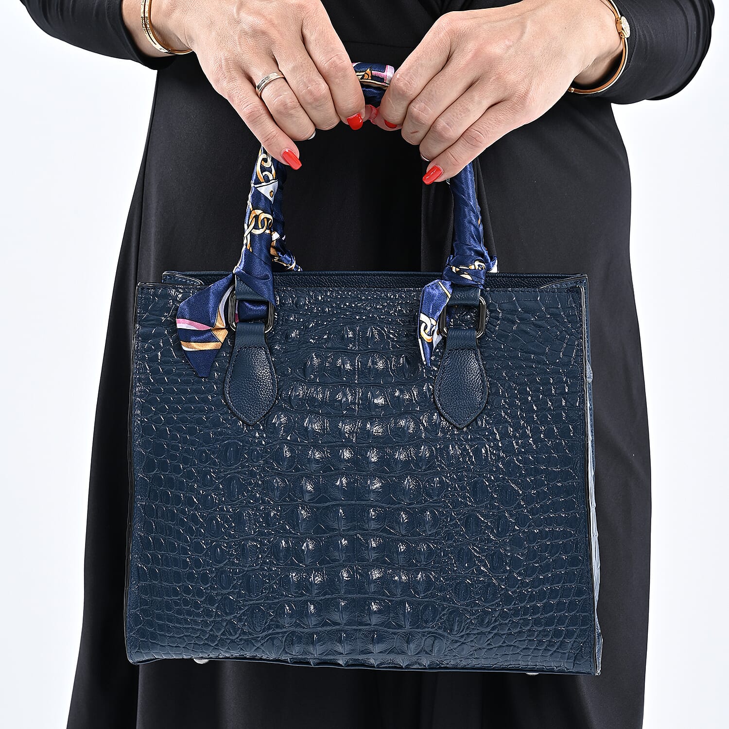 SENCILLEZ 100% Genuine Leather Croc Embossed Pattern Convertible Bag with Handle Scarf and Shoulder Strap (Size 28x10x24 Cm) - Navy