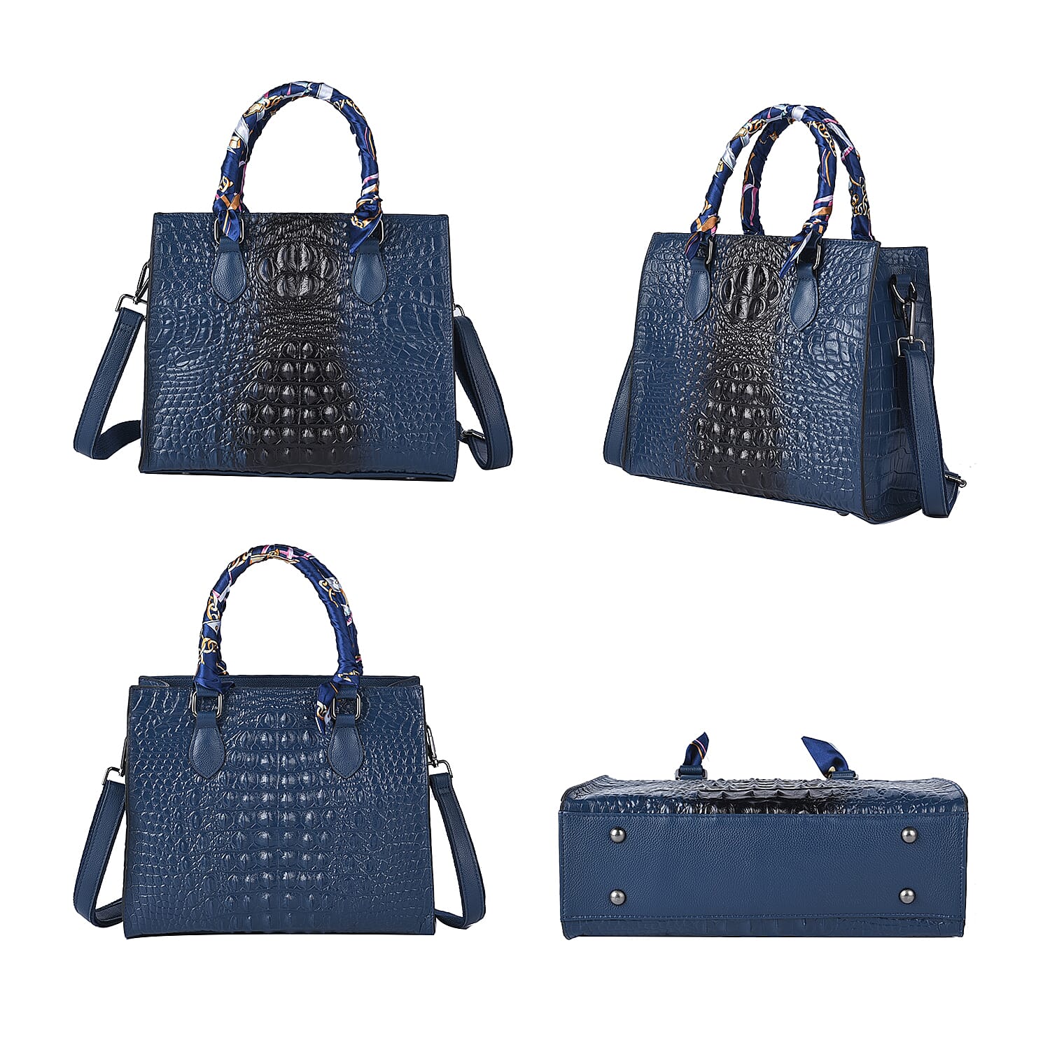 SENCILLEZ 100% Genuine Leather Croc Embossed Pattern Convertible Bag with Handle Scarf and Shoulder Strap (Size 28x10x24 Cm) - Navy