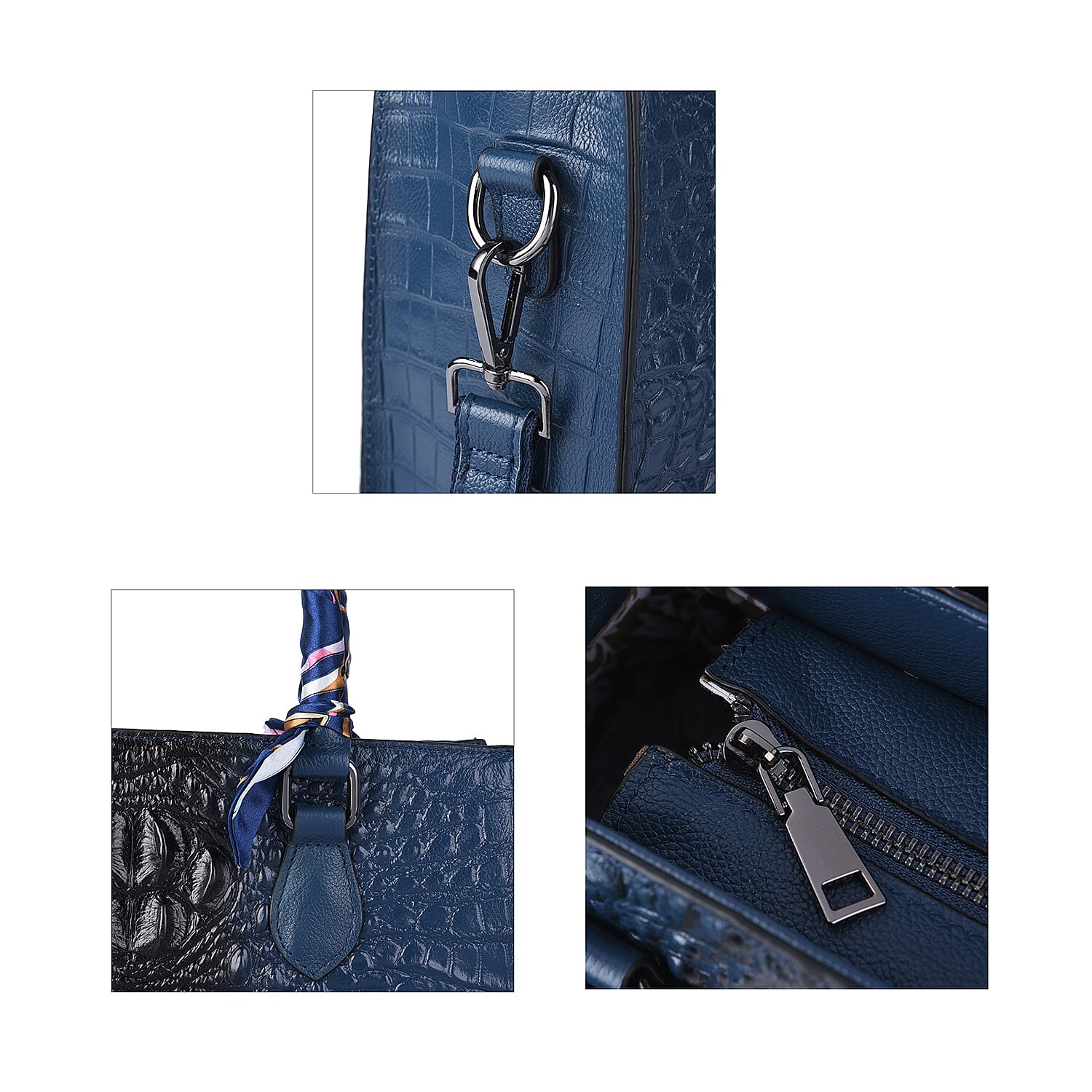 SENCILLEZ 100% Genuine Leather Croc Embossed Pattern Convertible Bag with Handle Scarf and Shoulder Strap (Size 28x10x24 Cm) - Navy