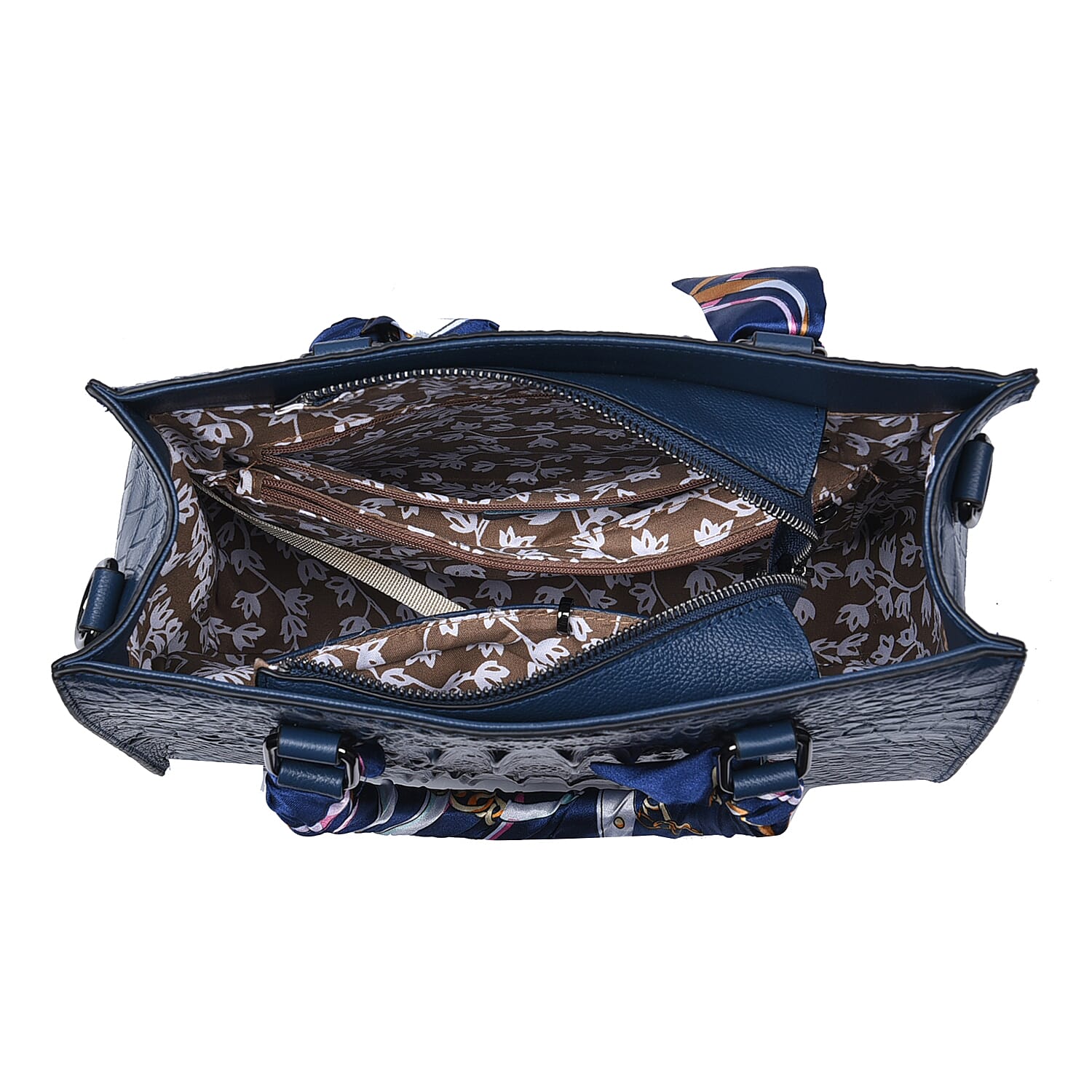 SENCILLEZ 100% Genuine Leather Croc Embossed Pattern Convertible Bag with Handle Scarf and Shoulder Strap (Size 28x10x24 Cm) - Navy