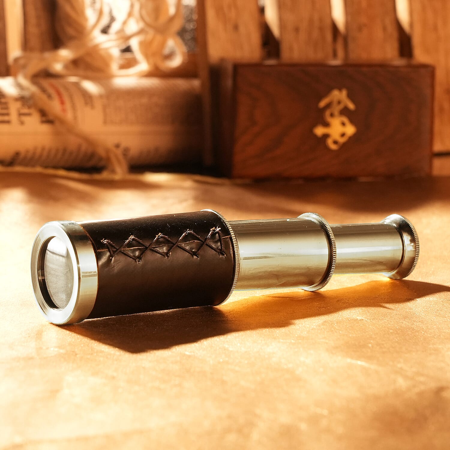 Handcrafted Fully Functional Telescope with Leather Stitched and Wooden Gift Box (Size 15x2 Cm) - Black