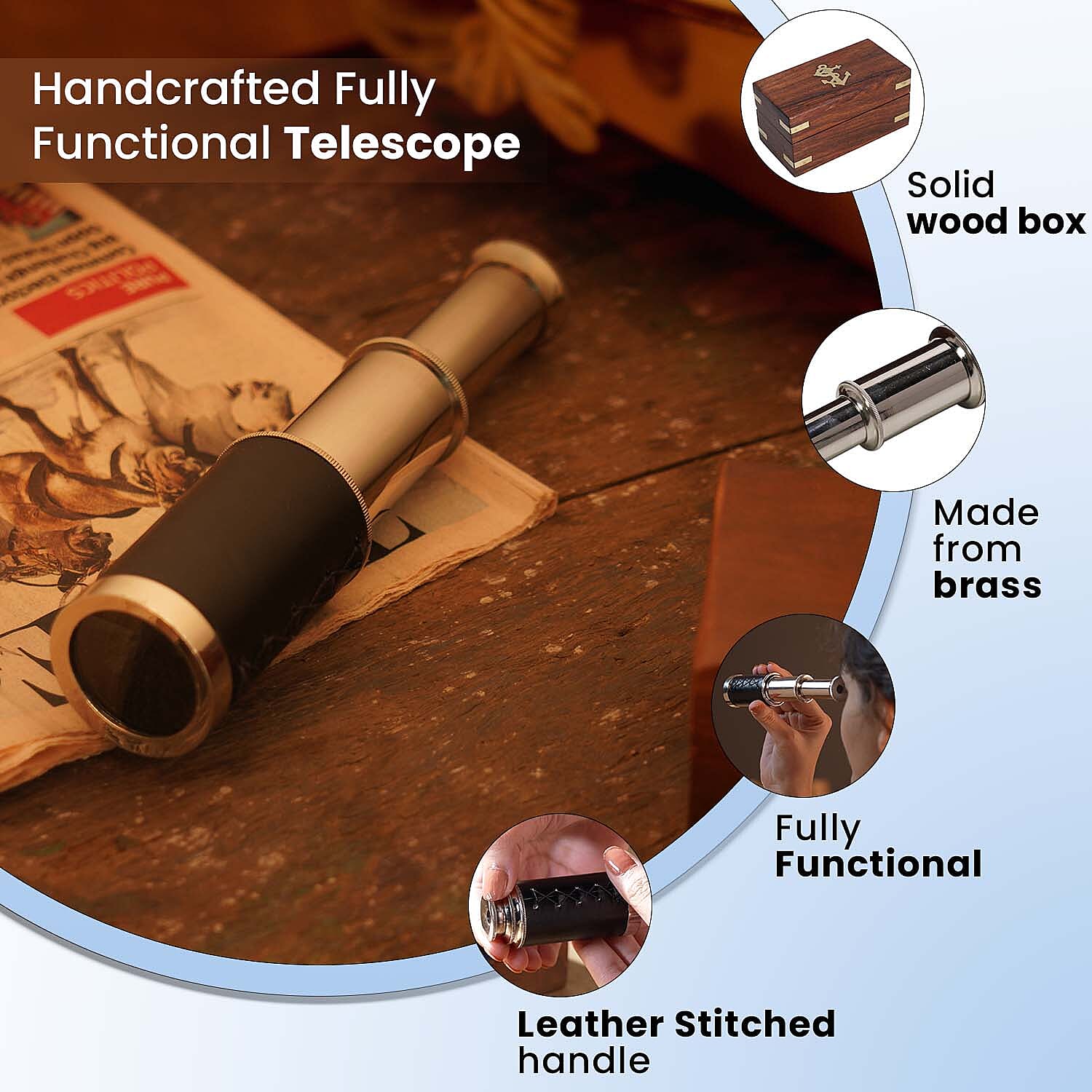 Handcrafted Fully Functional Telescope with Leather Stitched and Wooden Gift Box (Size 15x2 Cm) - Black