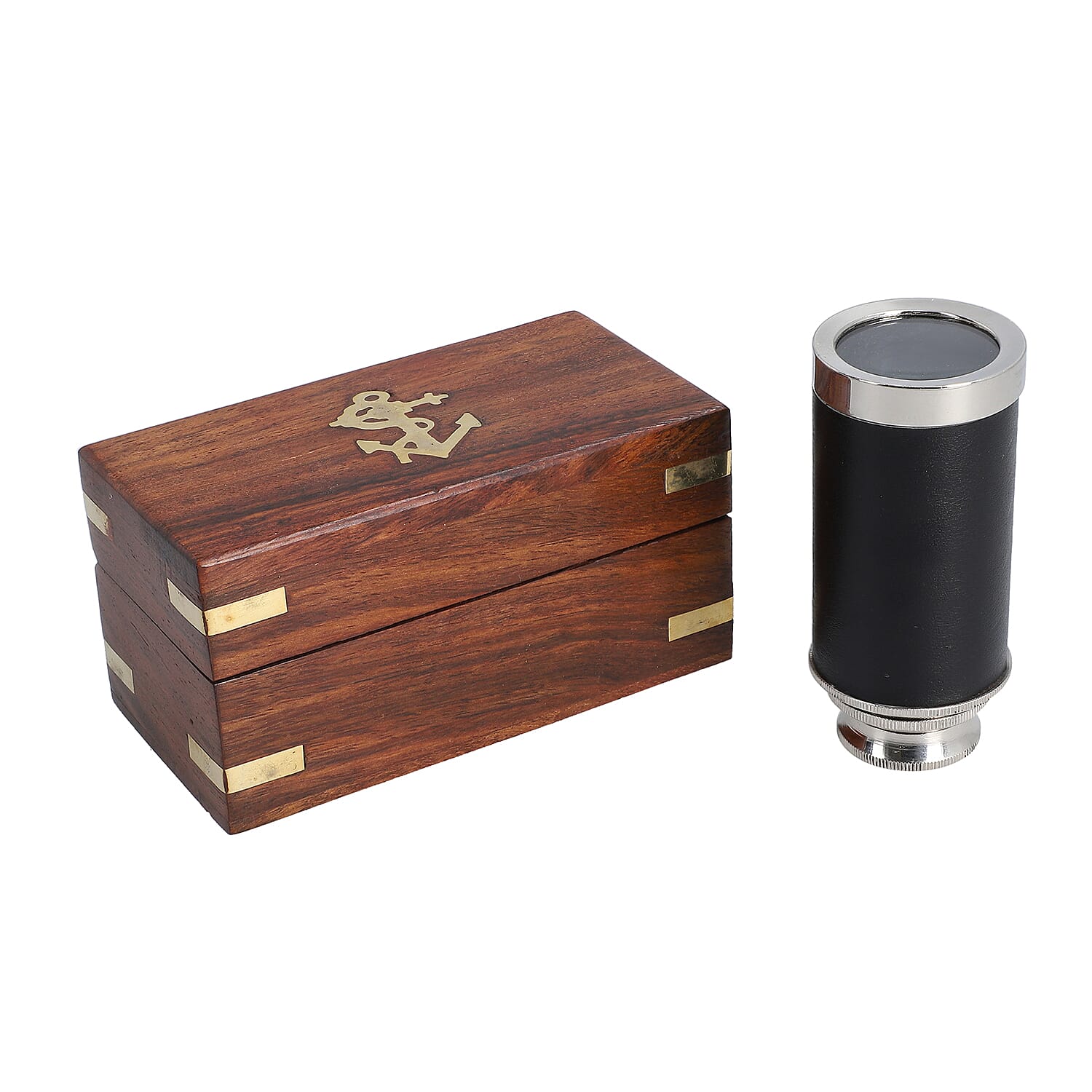 Handcrafted Fully Functional Telescope with Leather Stitched and Wooden Gift Box (Size 15x2 Cm) - Black