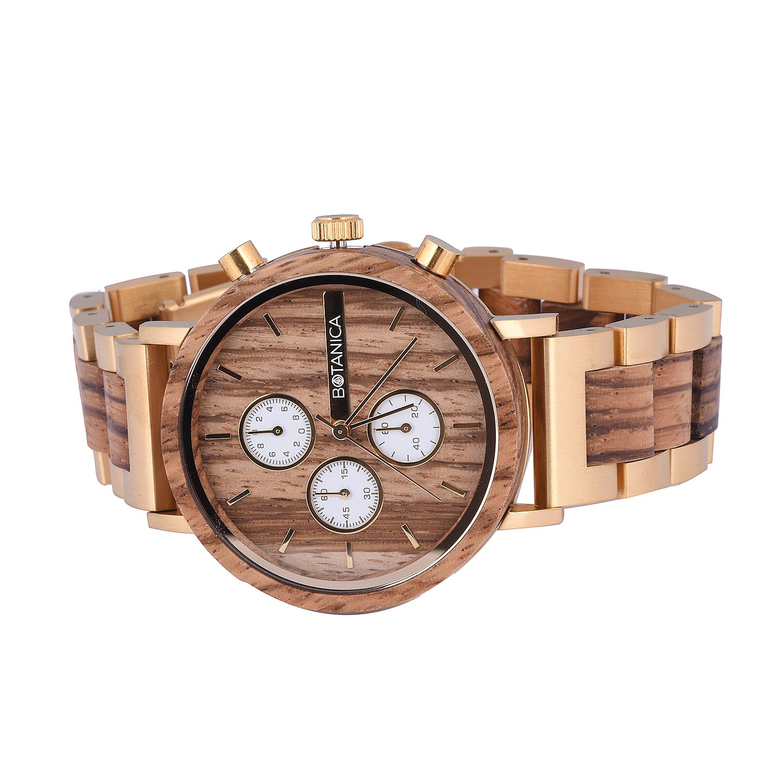 Botanica Coleus Walnut Wood Watch with Gold Stainless Steel Strap - Black and Grey