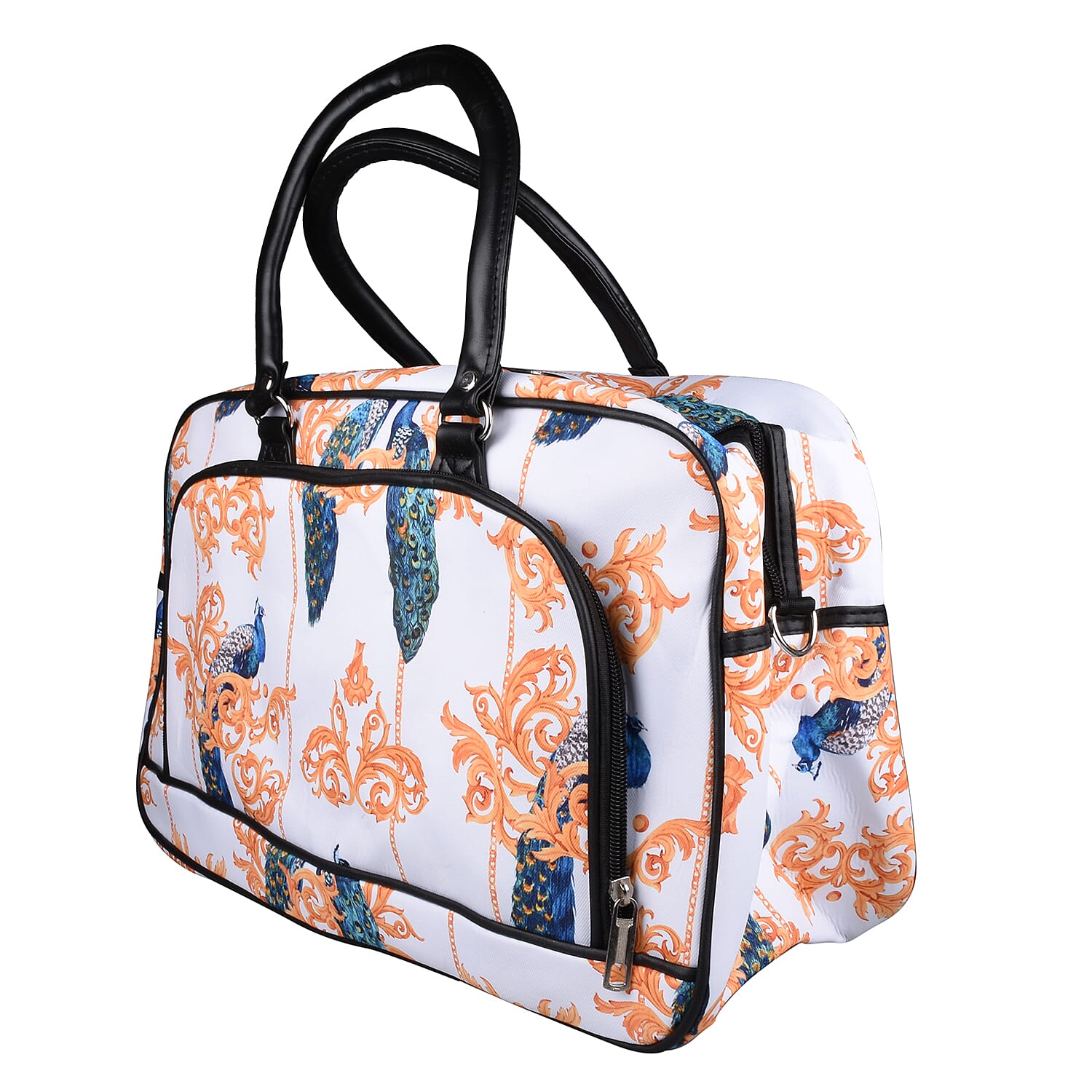 Peacock Pattern Travel Bag with Shoulder Strap and Zipper Closure (Size-43x25x18Cm) - White