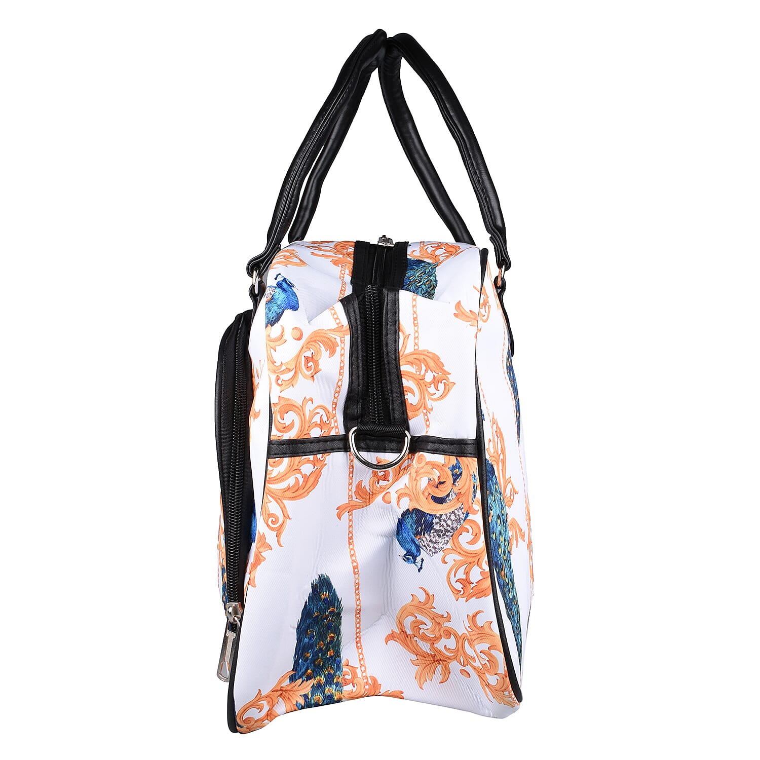 Peacock Pattern Travel Bag with Shoulder Strap and Zipper Closure (Size-43x25x18Cm) - White