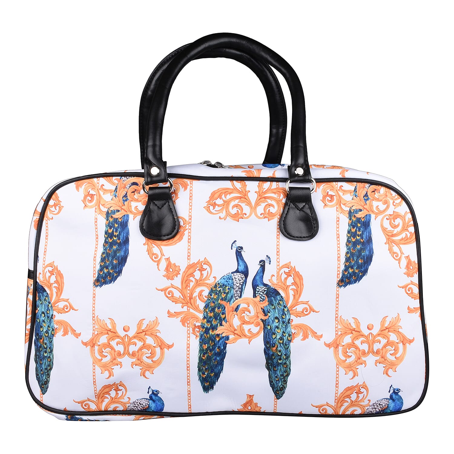 Peacock Pattern Travel Bag with Shoulder Strap and Zipper Closure (Size-43x25x18Cm) - White